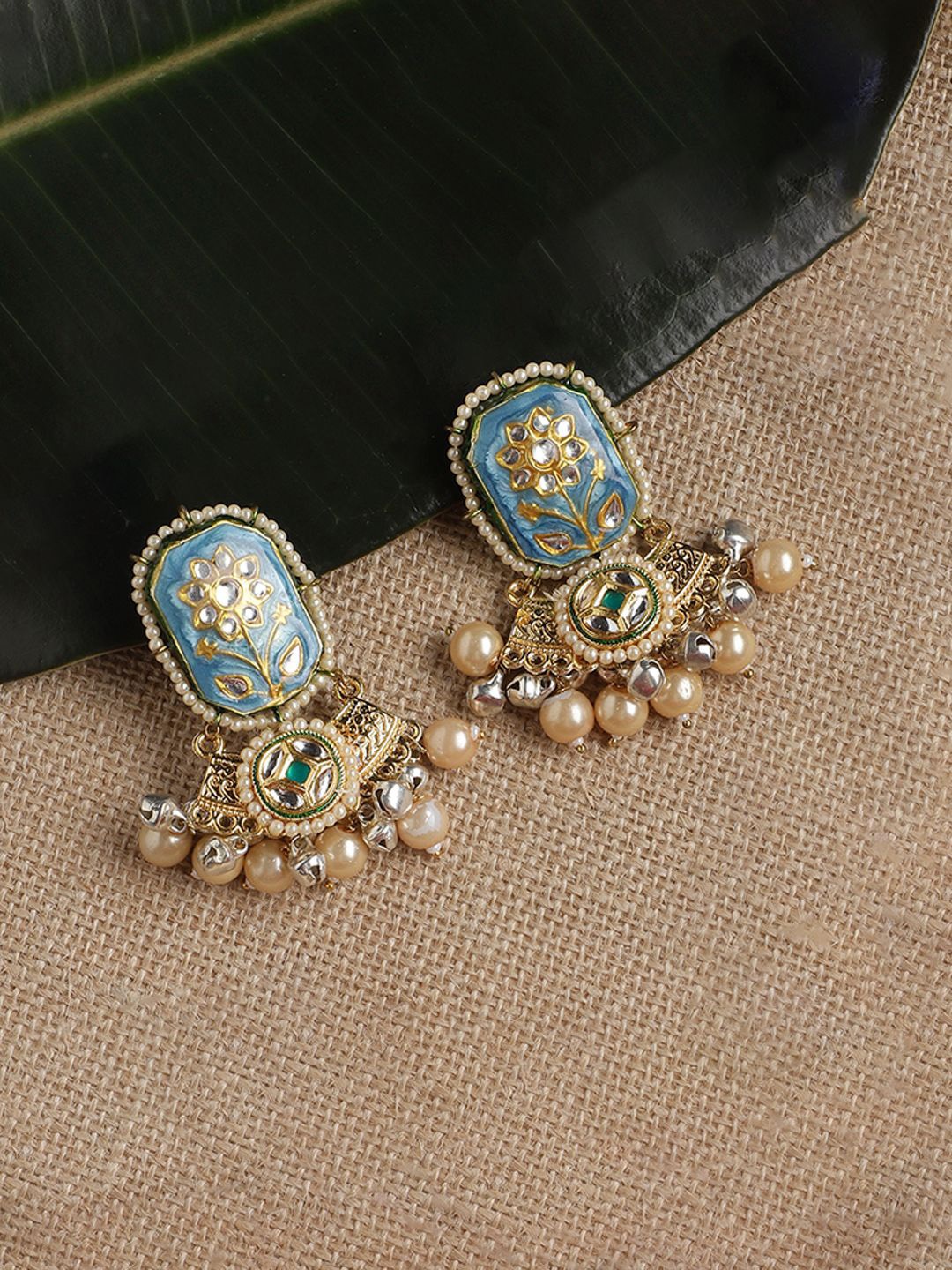 

DUGRISTYLE Gold-Plated Kundan Studded Contemporary Shaped Drop Earrings, Blue