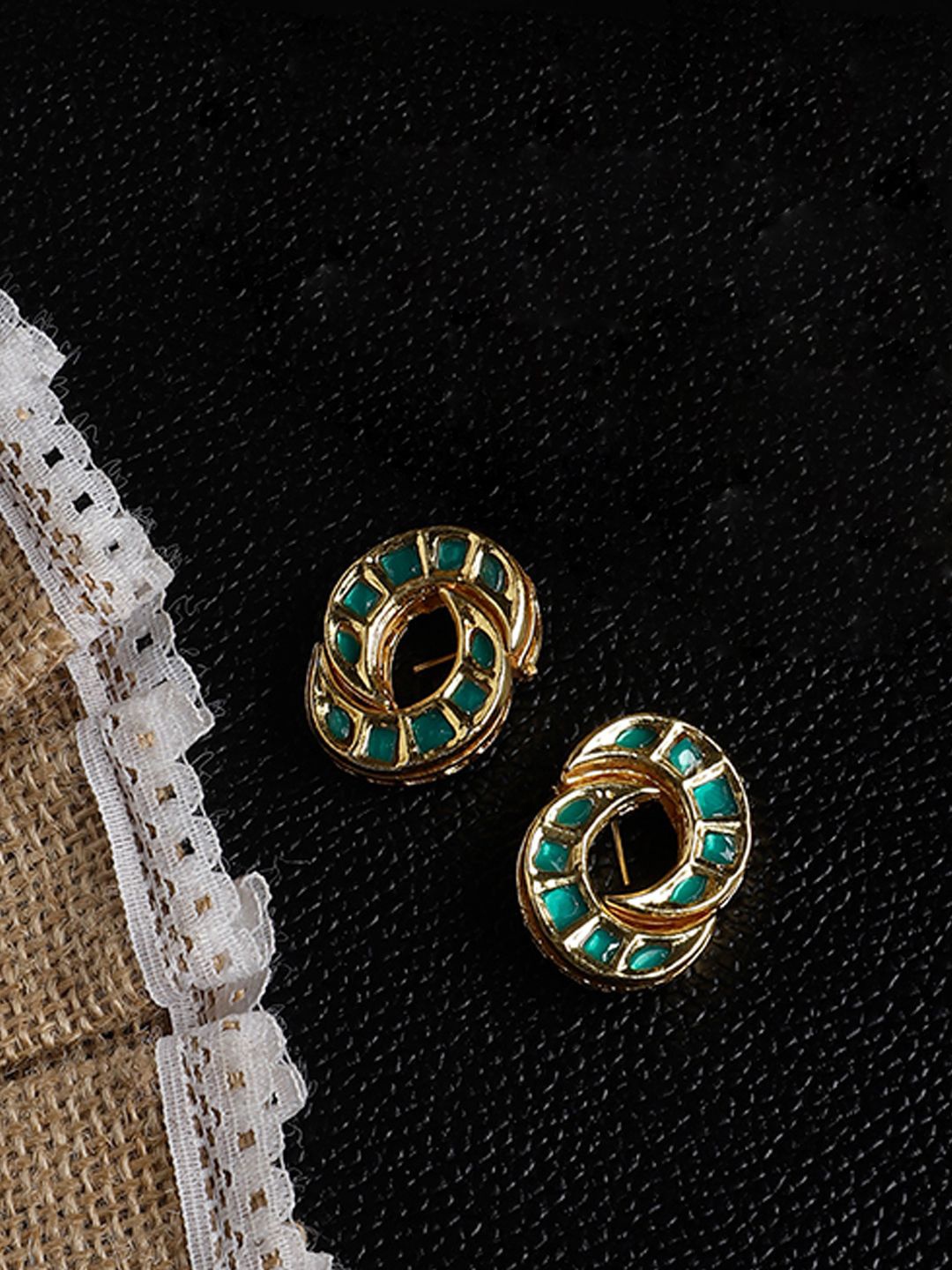 

DUGRISTYLE Gold-Plated Kundan Studded Contemporary Shaped Drop Earrings, Green