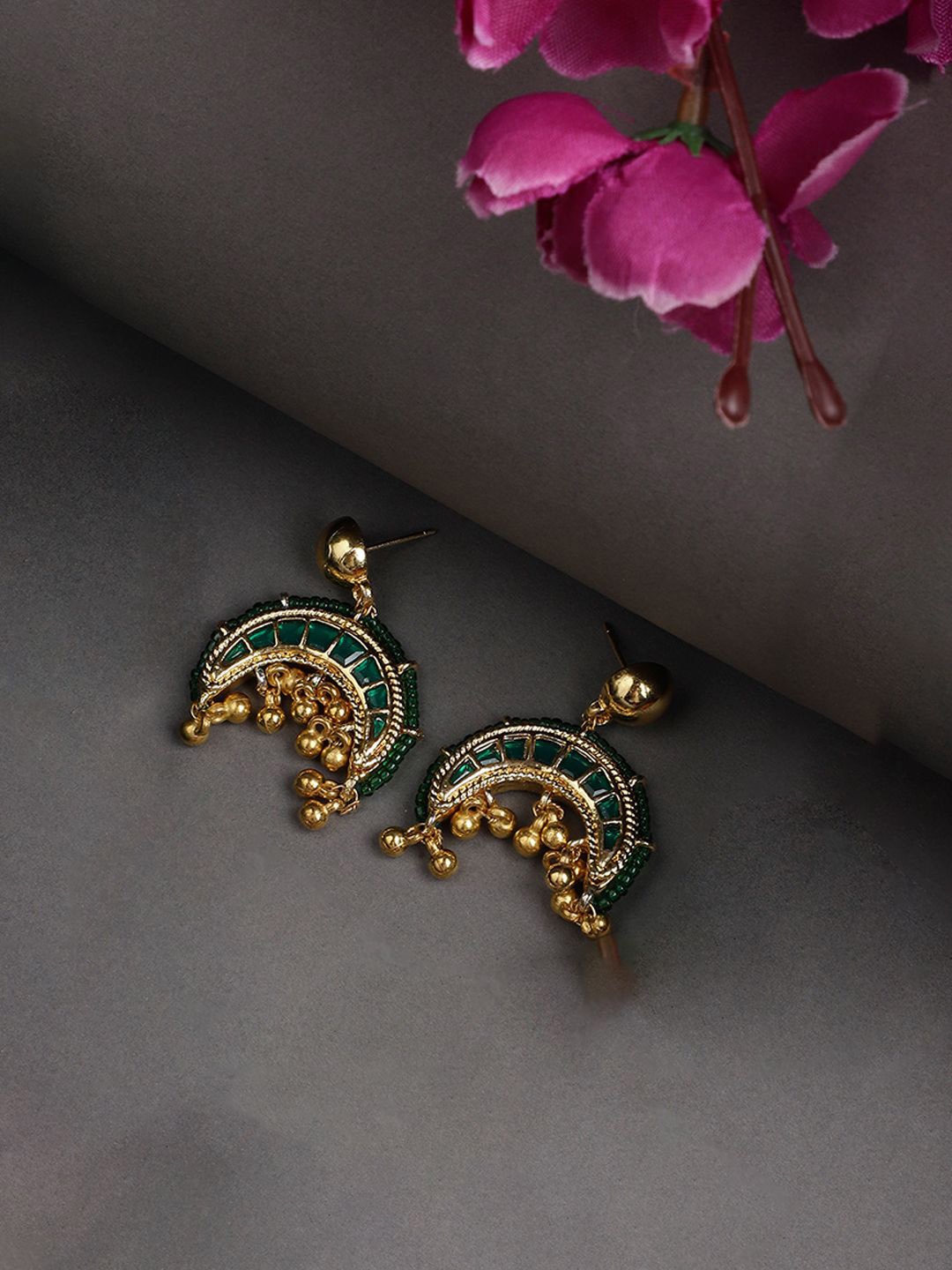 

DUGRISTYLE Gold-Plated Kundan Studded Crescent Shaped Drop Earrings, Green