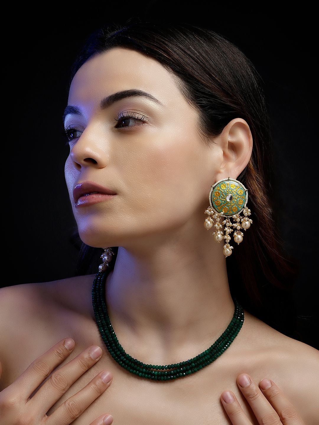 

DUGRISTYLE Gold-Plated Kundan Studded Circular Shaped Drop Earrings, Green