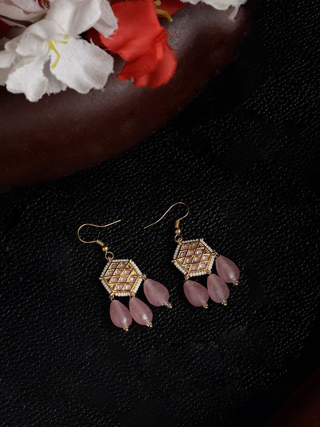 

DUGRISTYLE Rosy Charm Gold-Plated Kundan Studded & Beaded Contemporary Drop Earrings, Pink