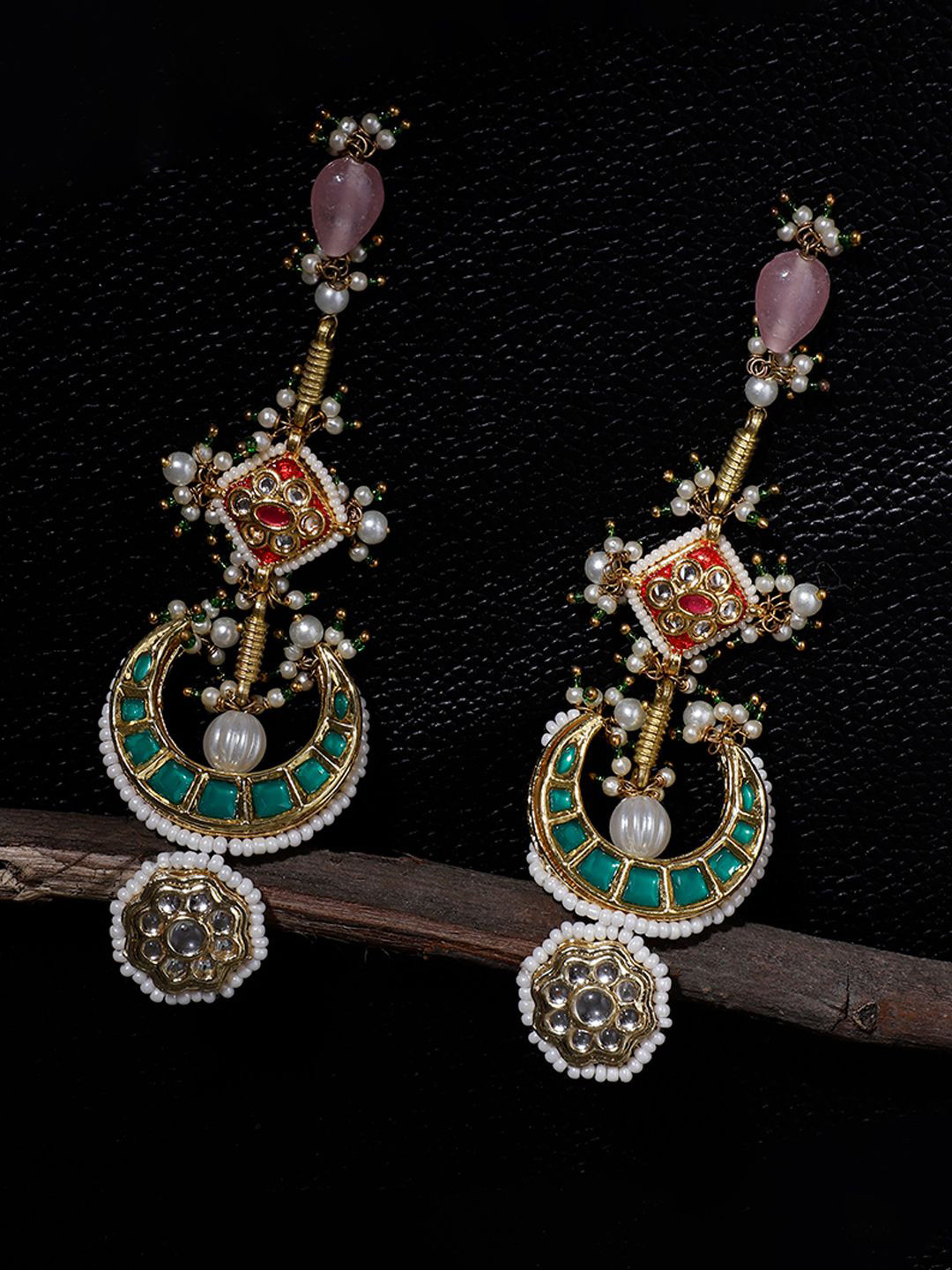 

DUGRISTYLE Gold-Plated Kundan Studded Contemporary Shaped Drop Earrings, Green