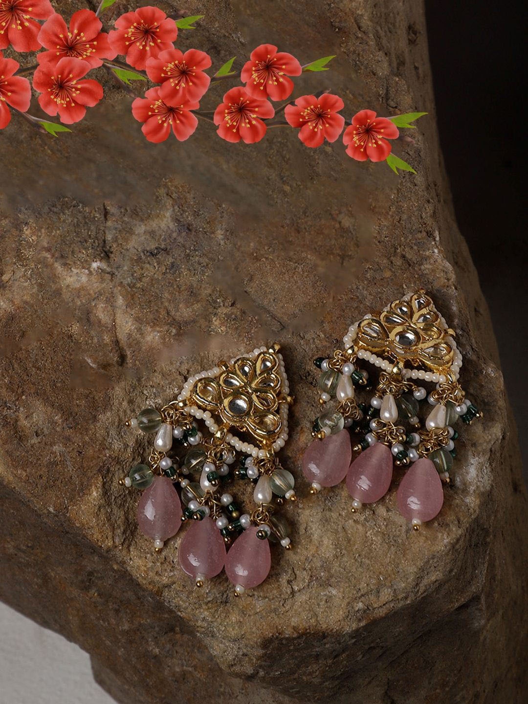 

DUGRISTYLE Gold-Plated Kundan Studded Geometric Shaped Drop Earrings, Pink