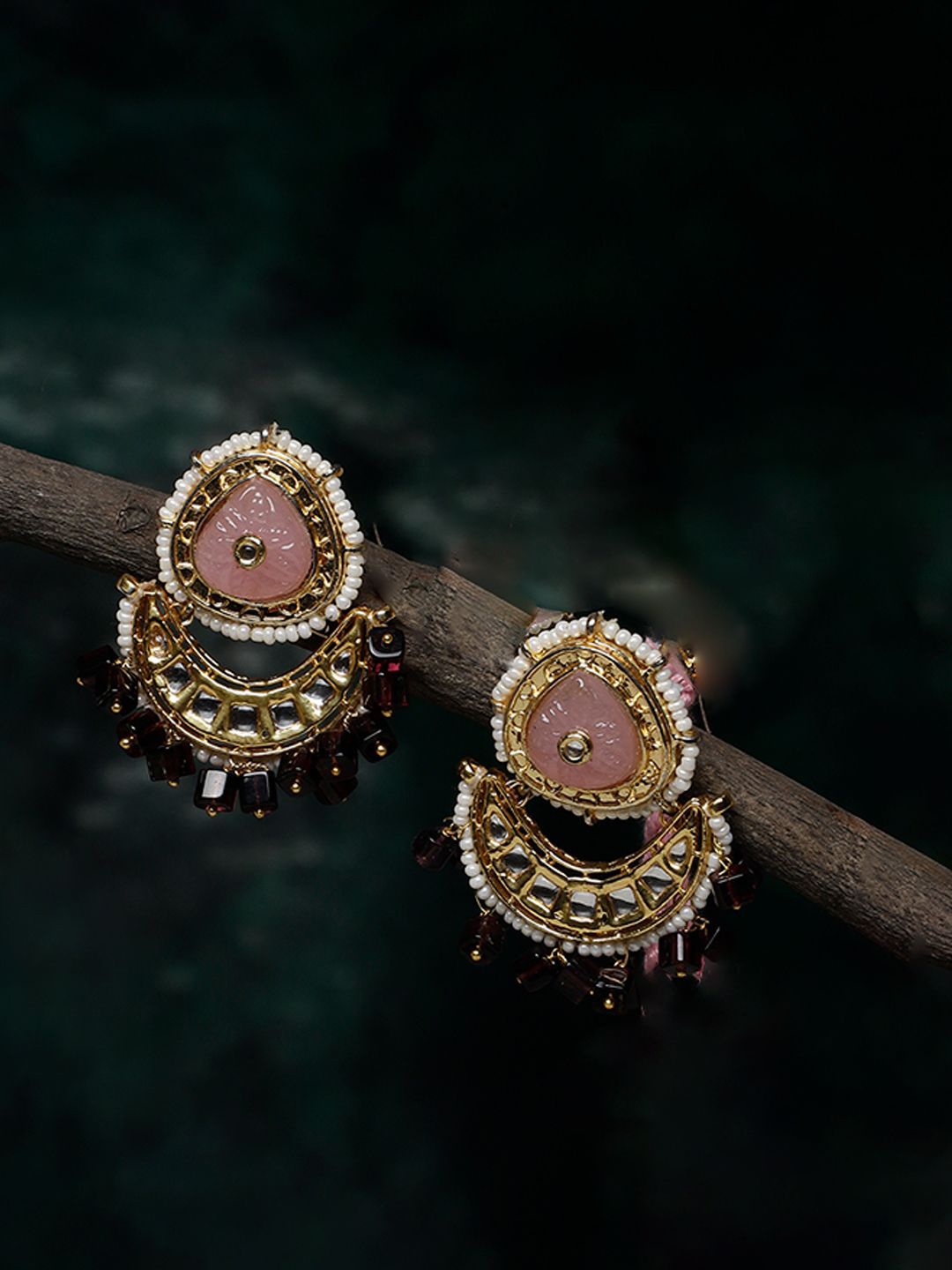 

DUGRISTYLE Husn-e-Gulabi Gold-Plated Kundan Studded & Beaded Contemporary Drop Earrings, Pink