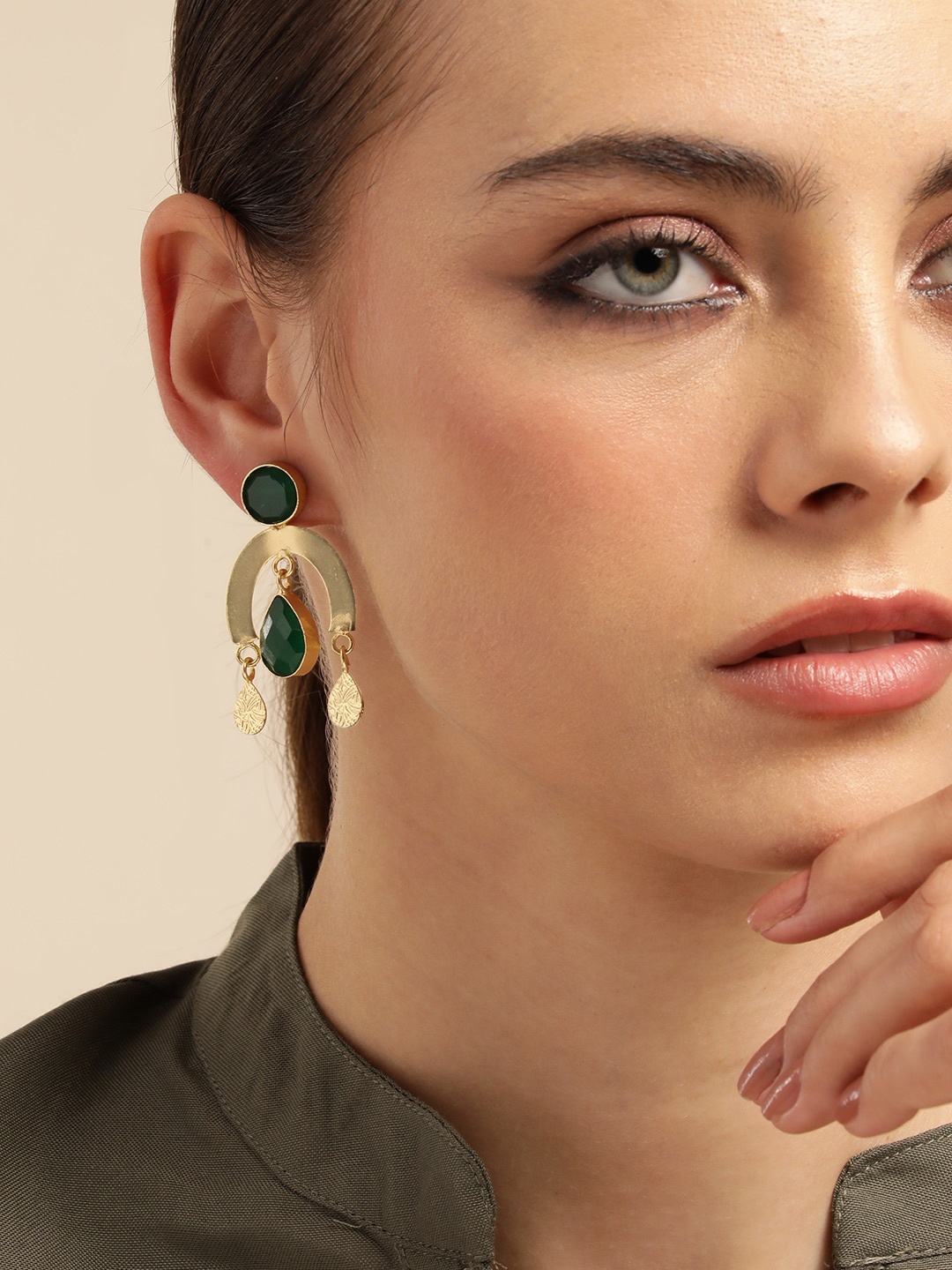 

Anouk Gold Plated Beaded Contemporary Drop Earrings, Green