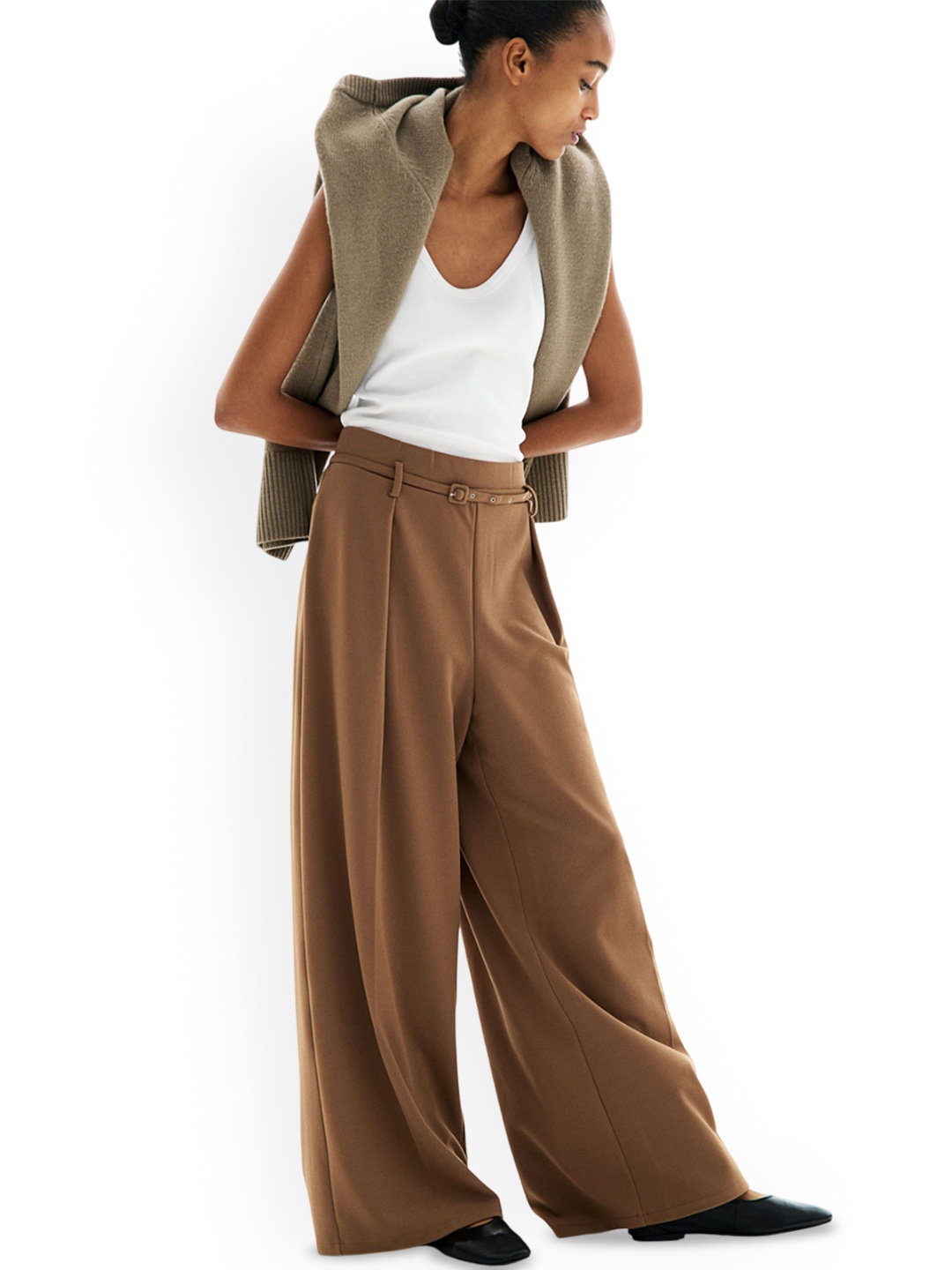 

H&M Wide Belted Trousers, Brown