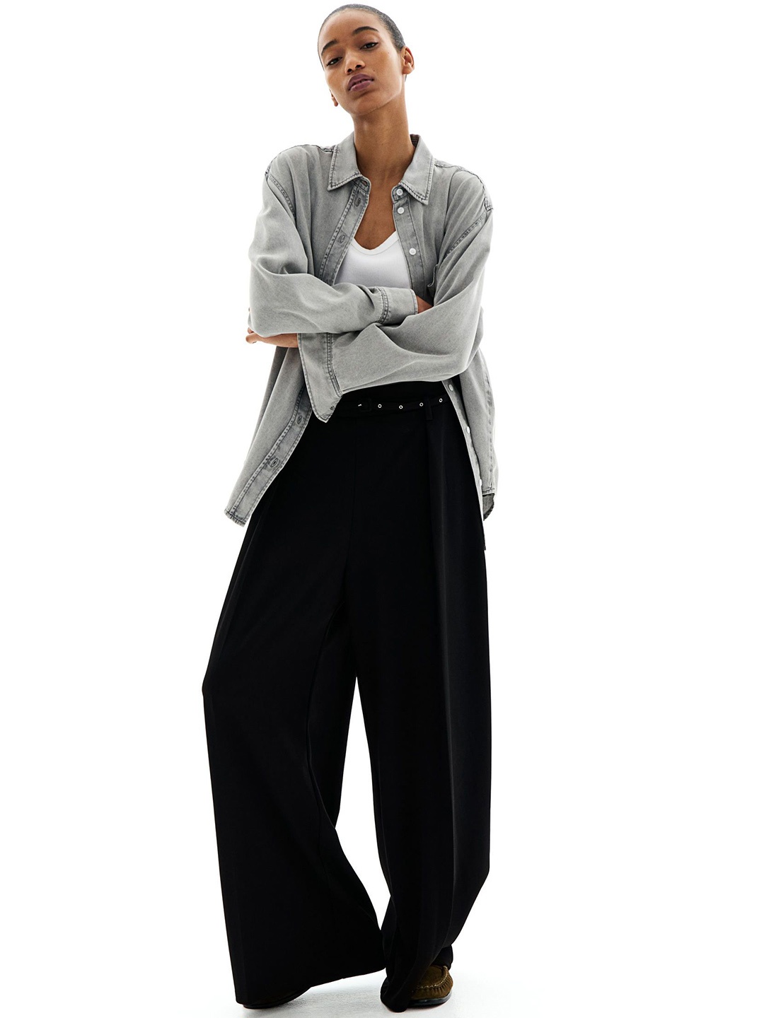 

H&M Wide Belted Trousers, Black