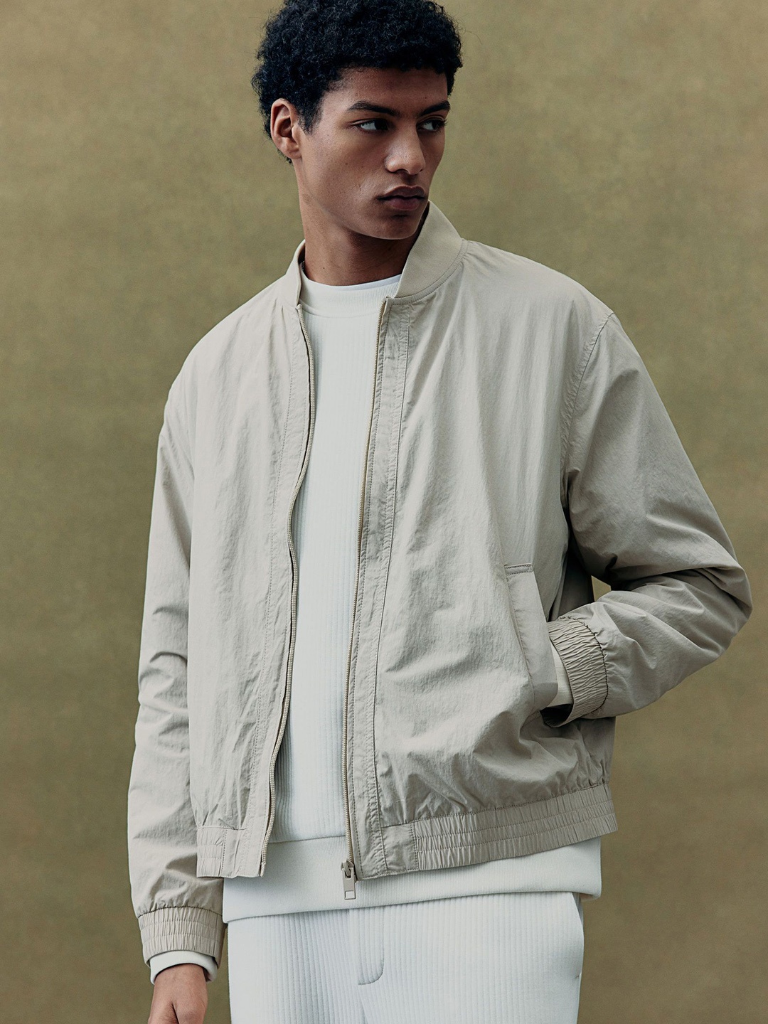 

H&M Regular Fit Nylon Bomber Jacket, Beige