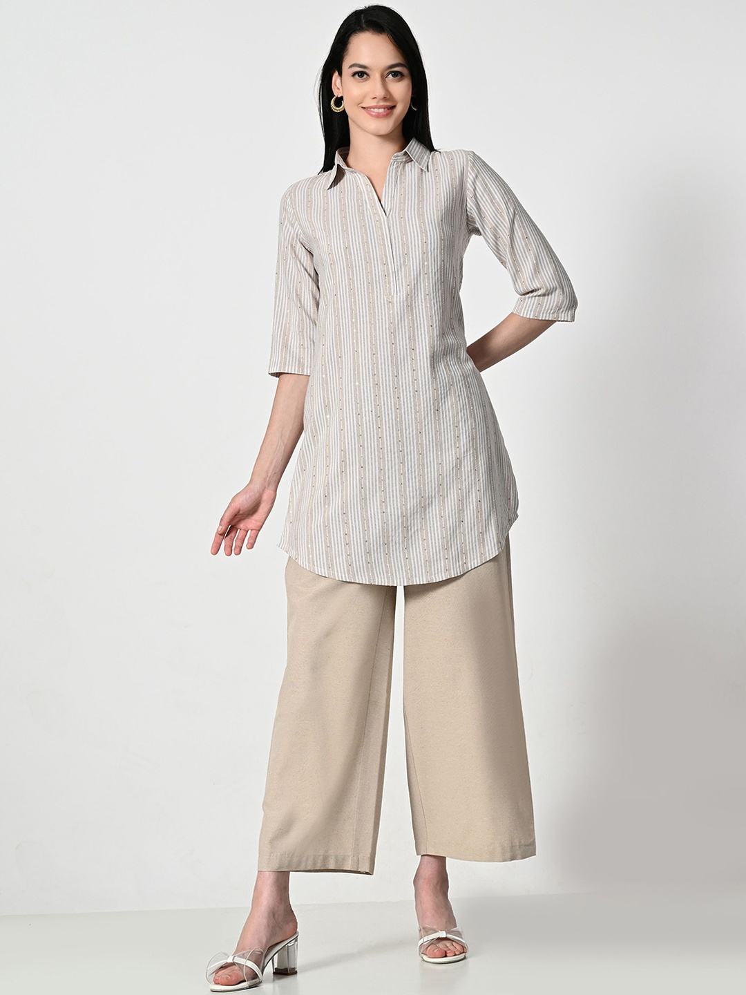 

ALL WAYS YOU Stiped Shirt Collar Sequinned Cotton Straight Kurta, Beige
