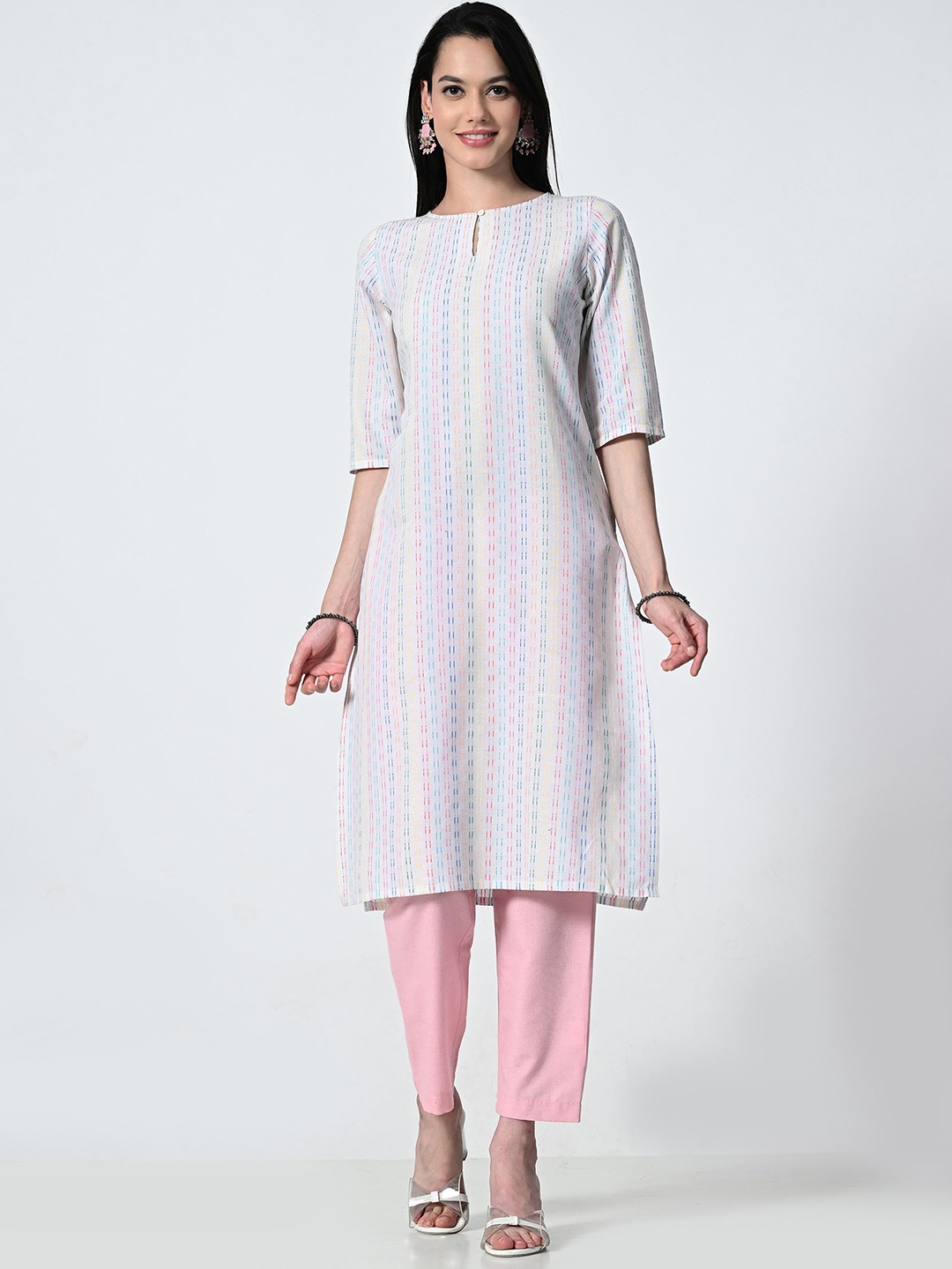 

ALL WAYS YOU Striped Woven Design Keyhole Neck Straight Kurta, White