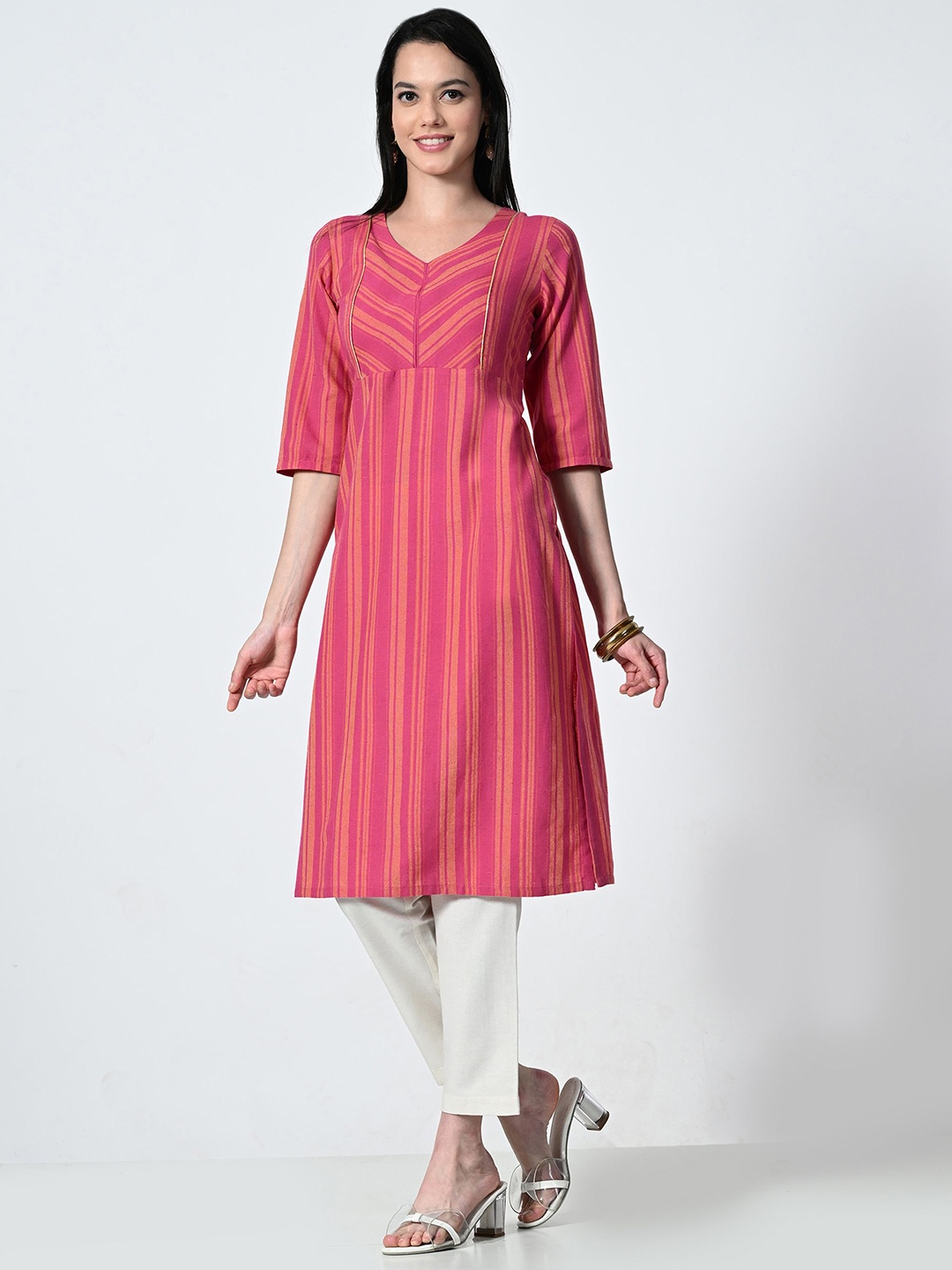 

ALL WAYS YOU Striped V-Neck Cotton Straight Kurta, Pink