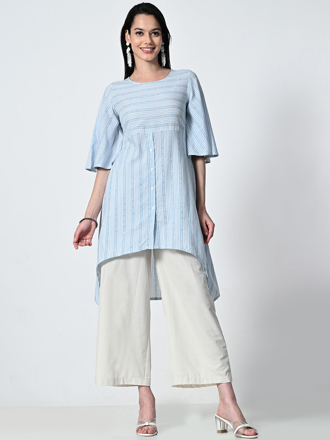 

ALL WAYS YOU Stiped Bell Sleeves Round Neck Sequinned Cotton A-Line Kurta, Blue