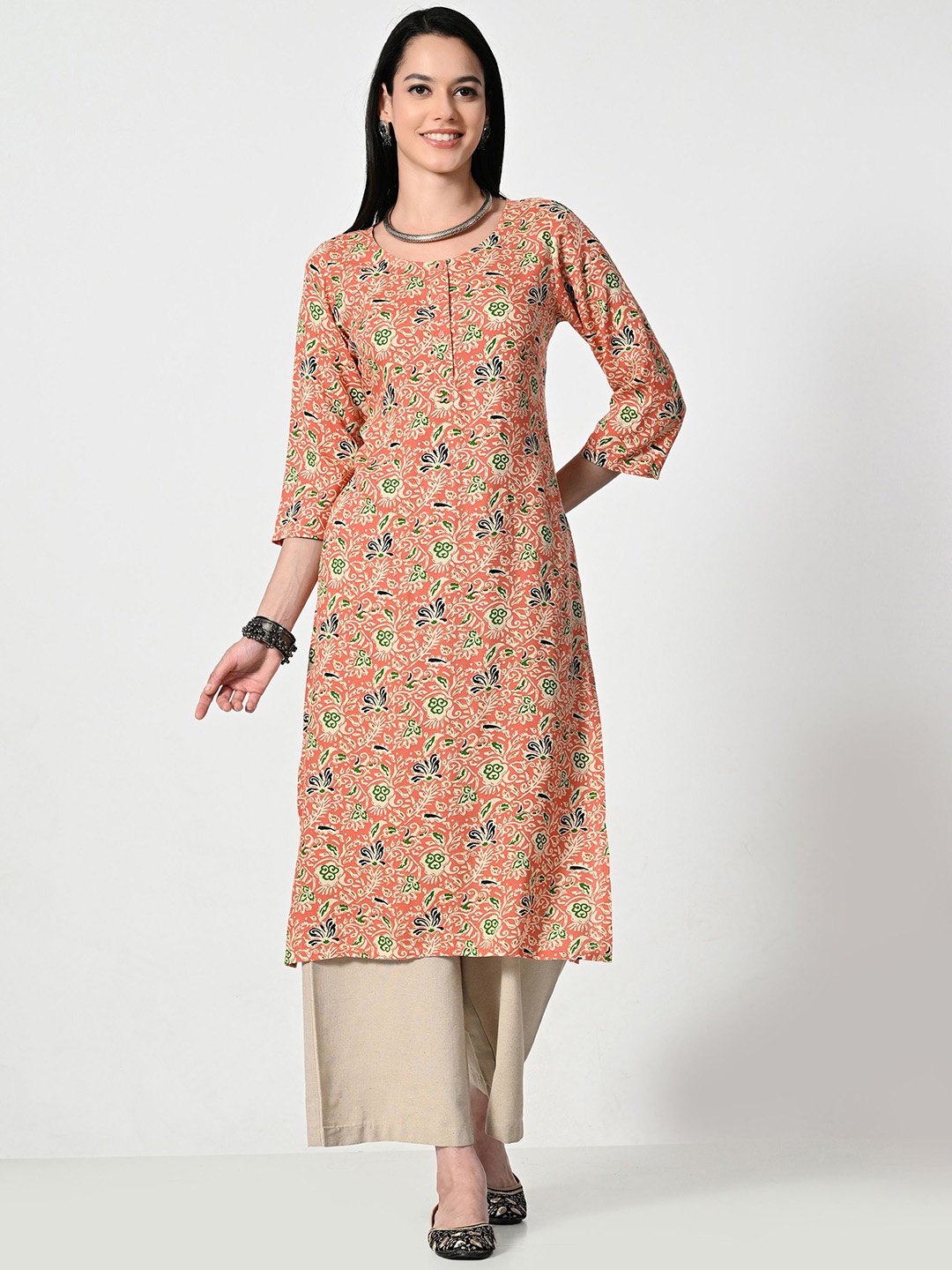 

ALL WAYS YOU Floral Printed Round Neck Straight Kurta, Orange