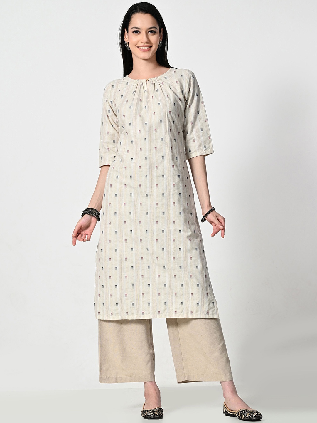 

ALL WAYS YOU Geometric Printed Keyhole Neck Straight Kurta, Beige