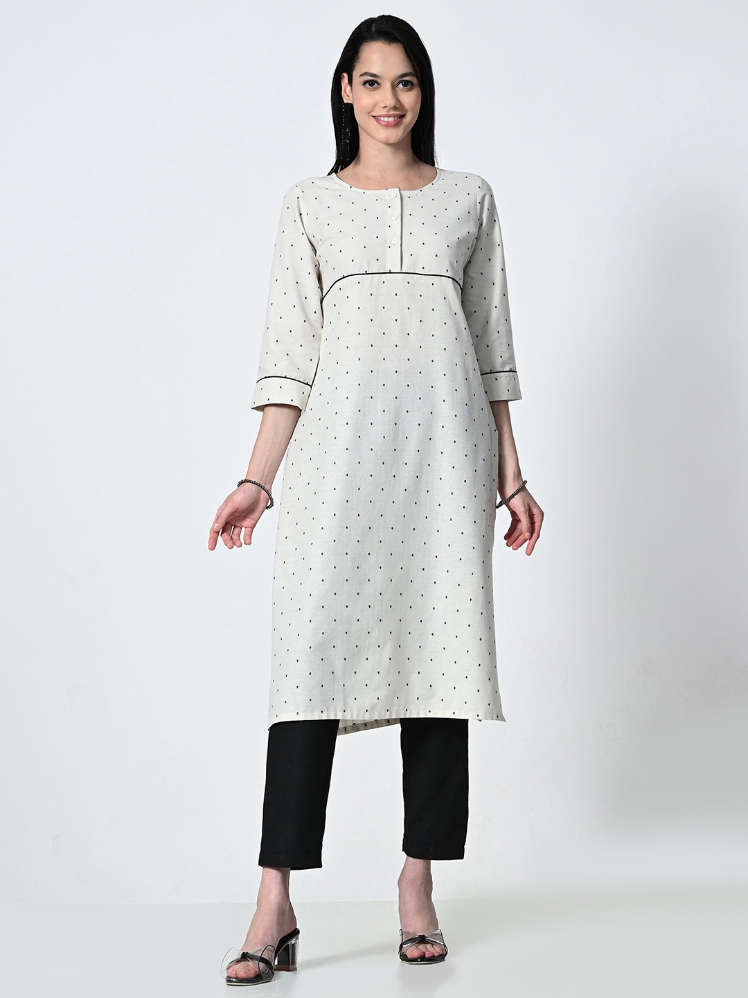 

ALL WAYS YOU Ethnic Motifs Printed Round Neck Straight Kurta, Cream