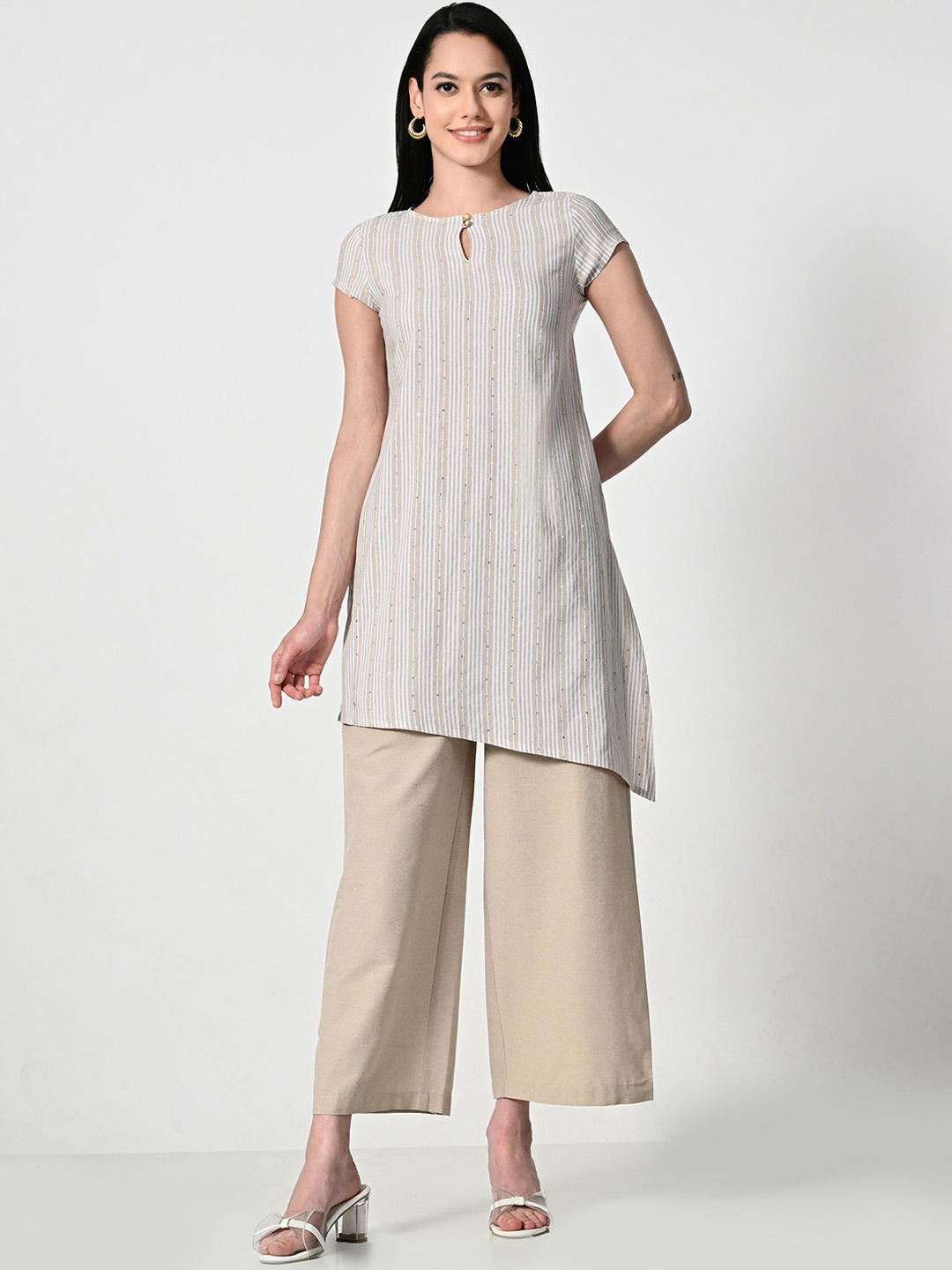 

ALL WAYS YOU Stiped Keyhole Neck Sequinned Cotton A-Line Kurta, Beige