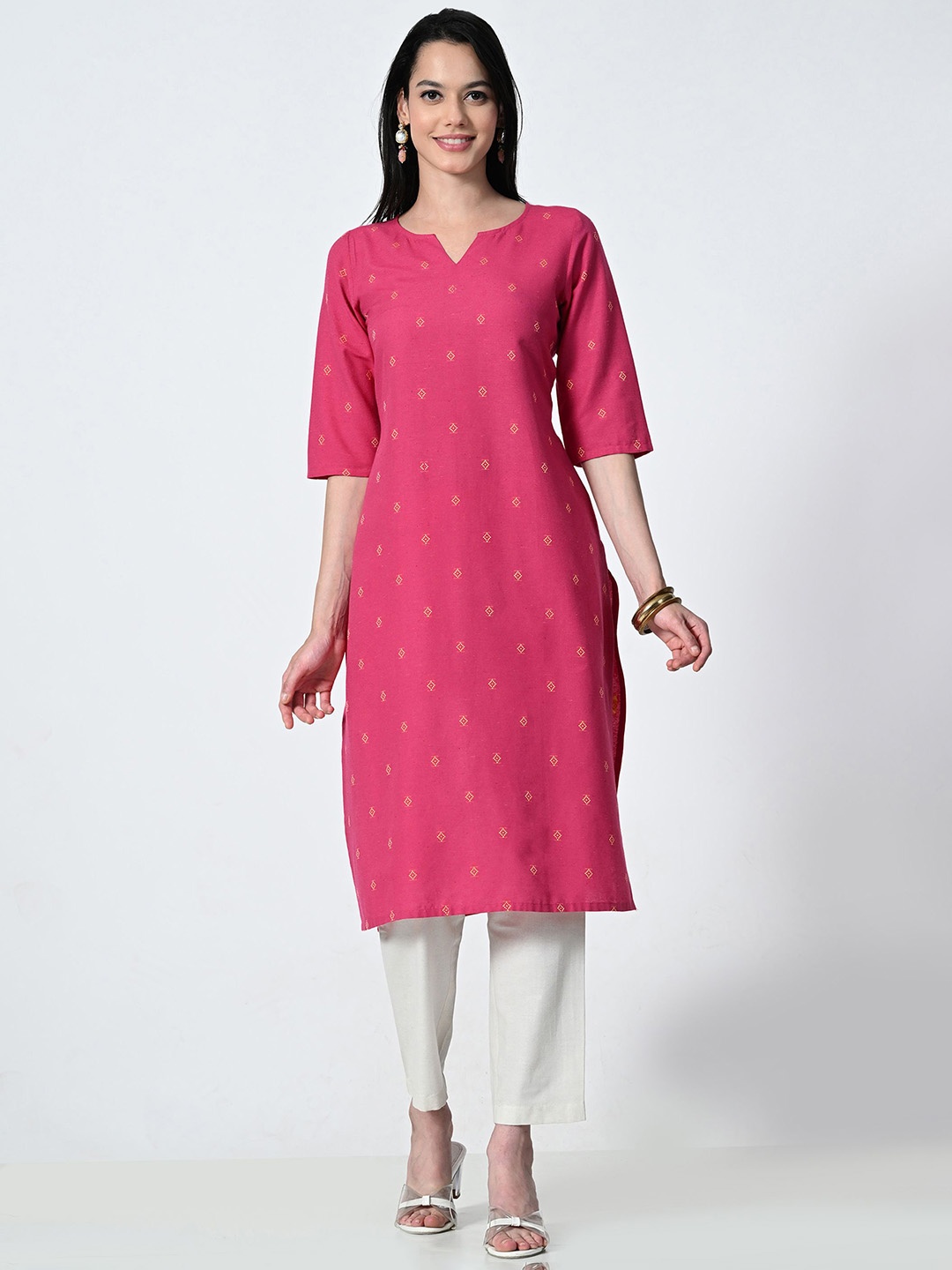 

ALL WAYS YOU Geometric Printed Notch Neck Cotton Straight Kurta, Pink