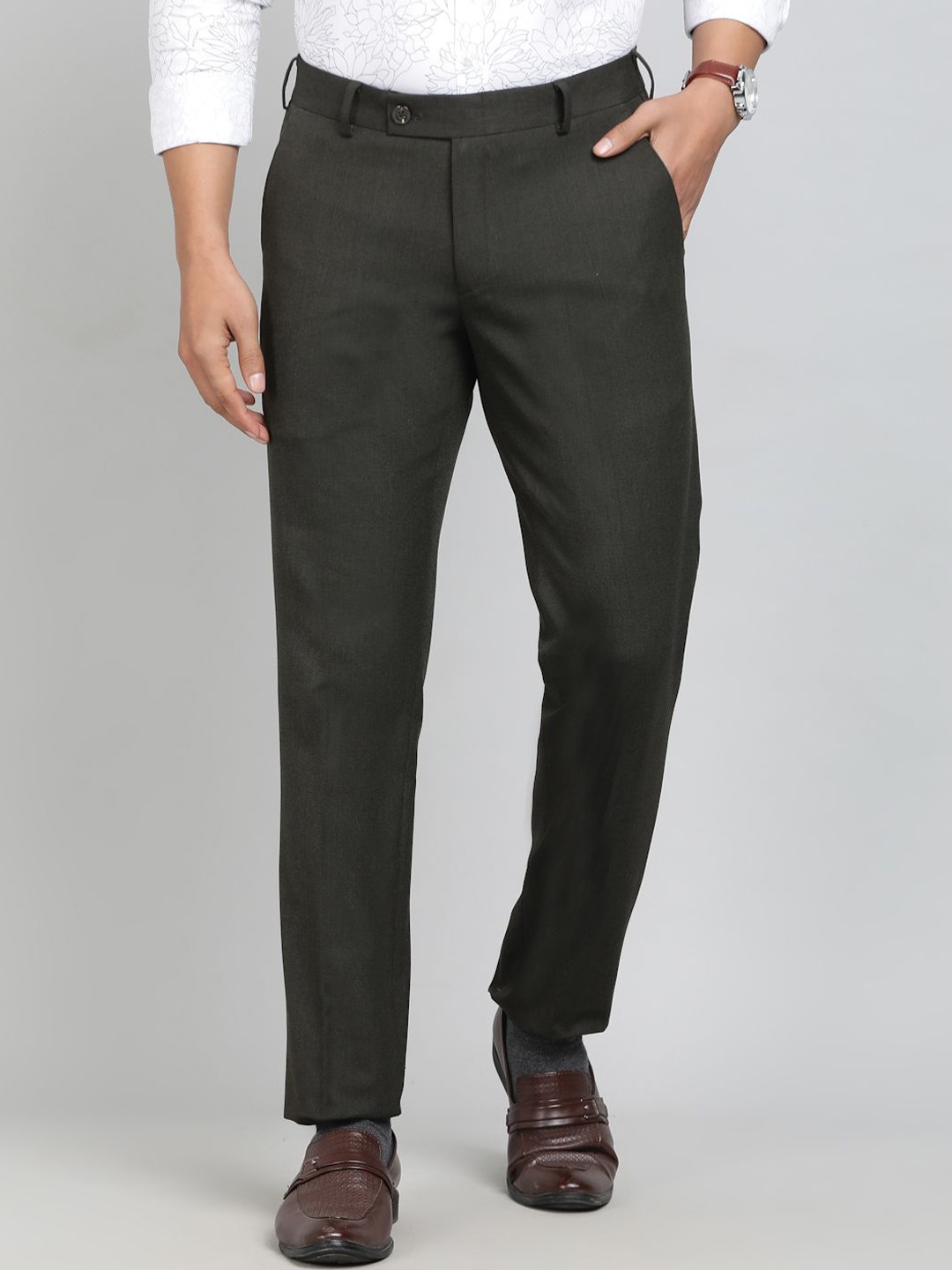 

JADE BLUE Men Slim Fit Mid-Rise Formal Trousers, Olive