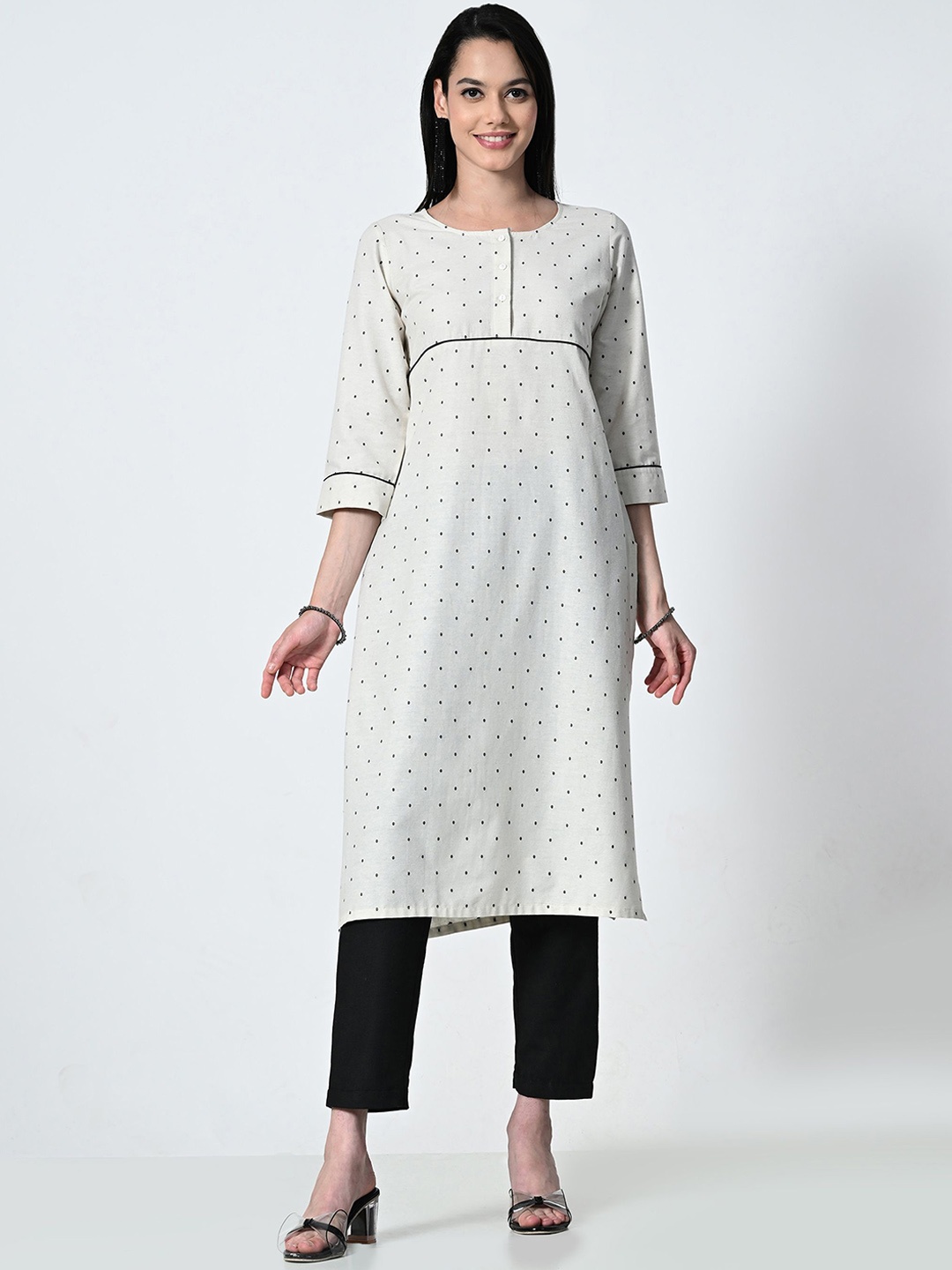 

BAESD Geometric Printed Round Neck Straight Kurta, Cream