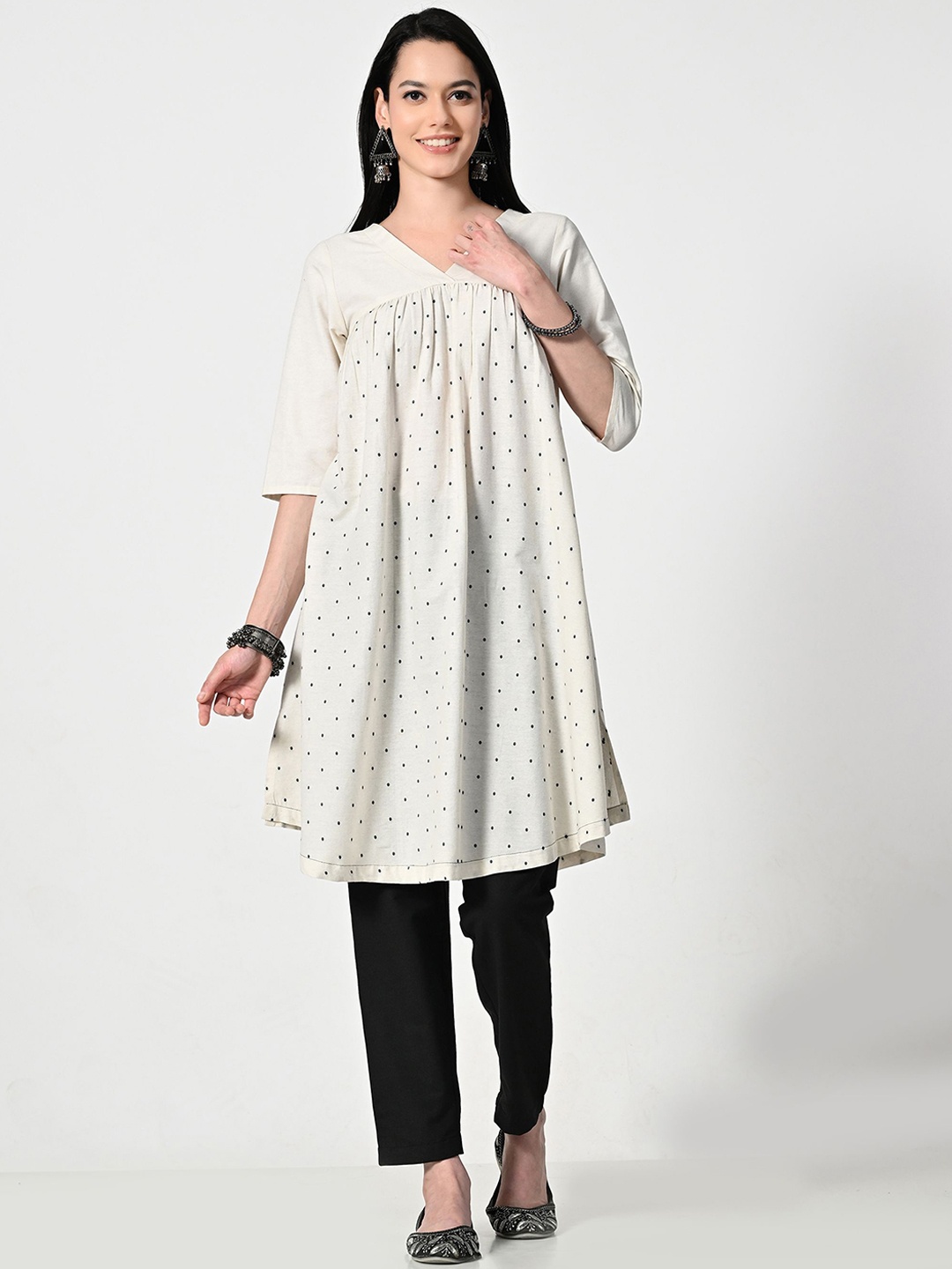 

BAESD Polka Dots Printed Cotton Pleated V-neck A-Line Kurta, Cream