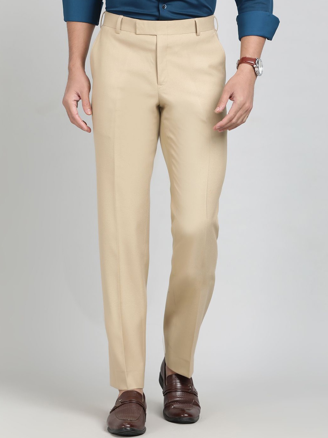 

JADE BLUE Men Mid-Rise Formal Trousers, Khaki