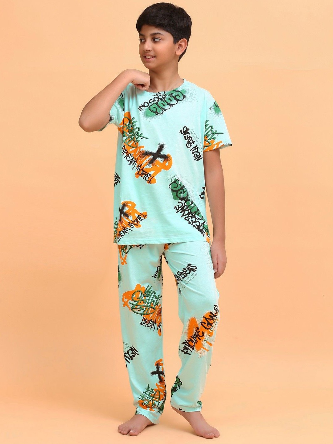 

Ninos Dreams Boys Printed Pure Cotton Night suit, Sea green