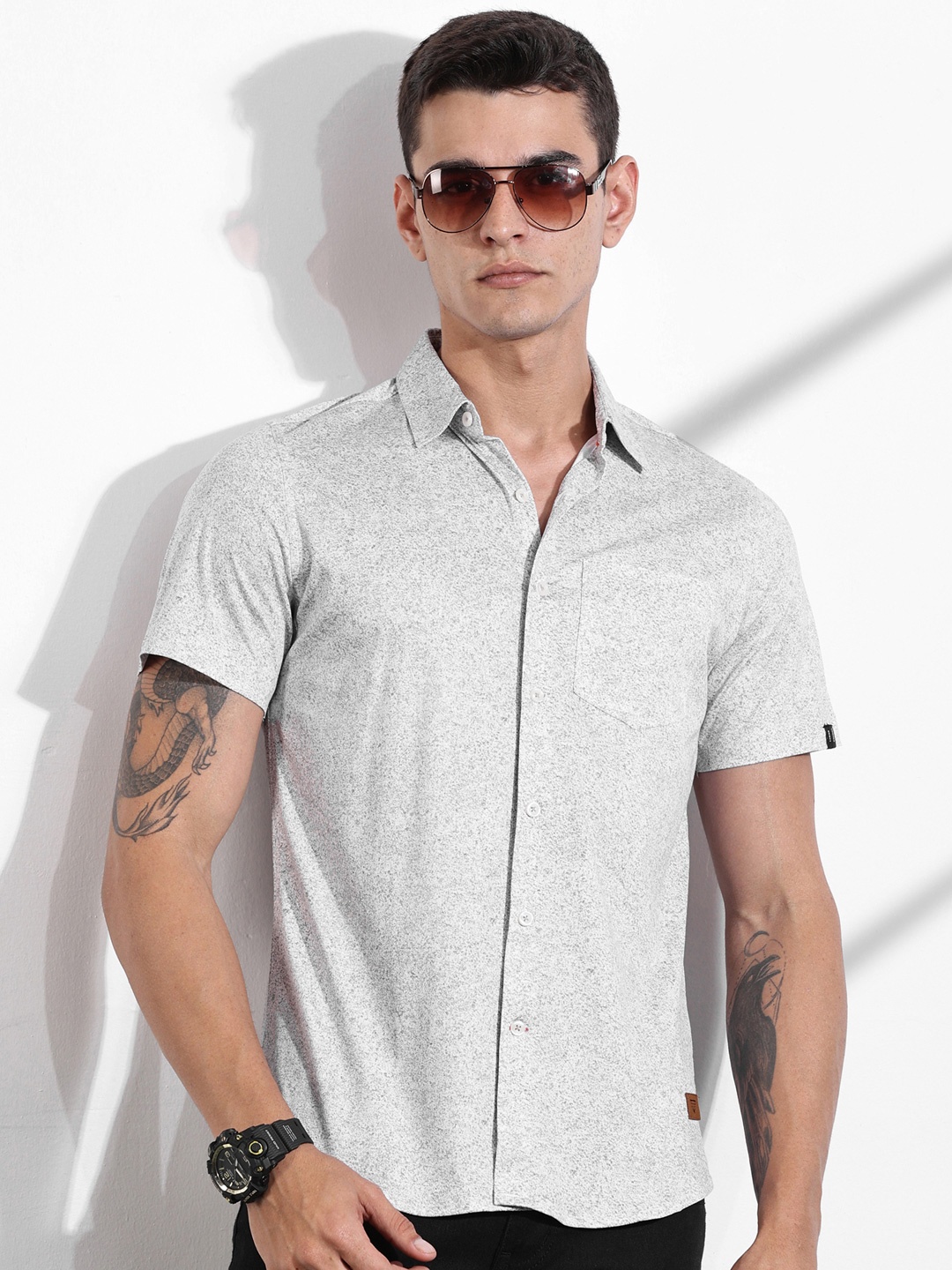 

Thomas Scott Men Classic Slim Fit Spread Collar Abstract Printed Cotton Casual Shirt, Grey
