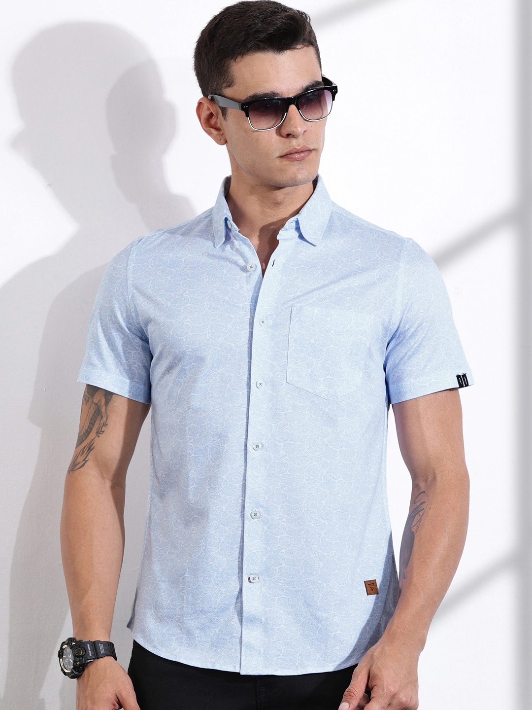

Thomas Scott Men Classic Slim Fit Spread Collar Ethnic Motifs Printed Cotton Casual Shirt, Blue