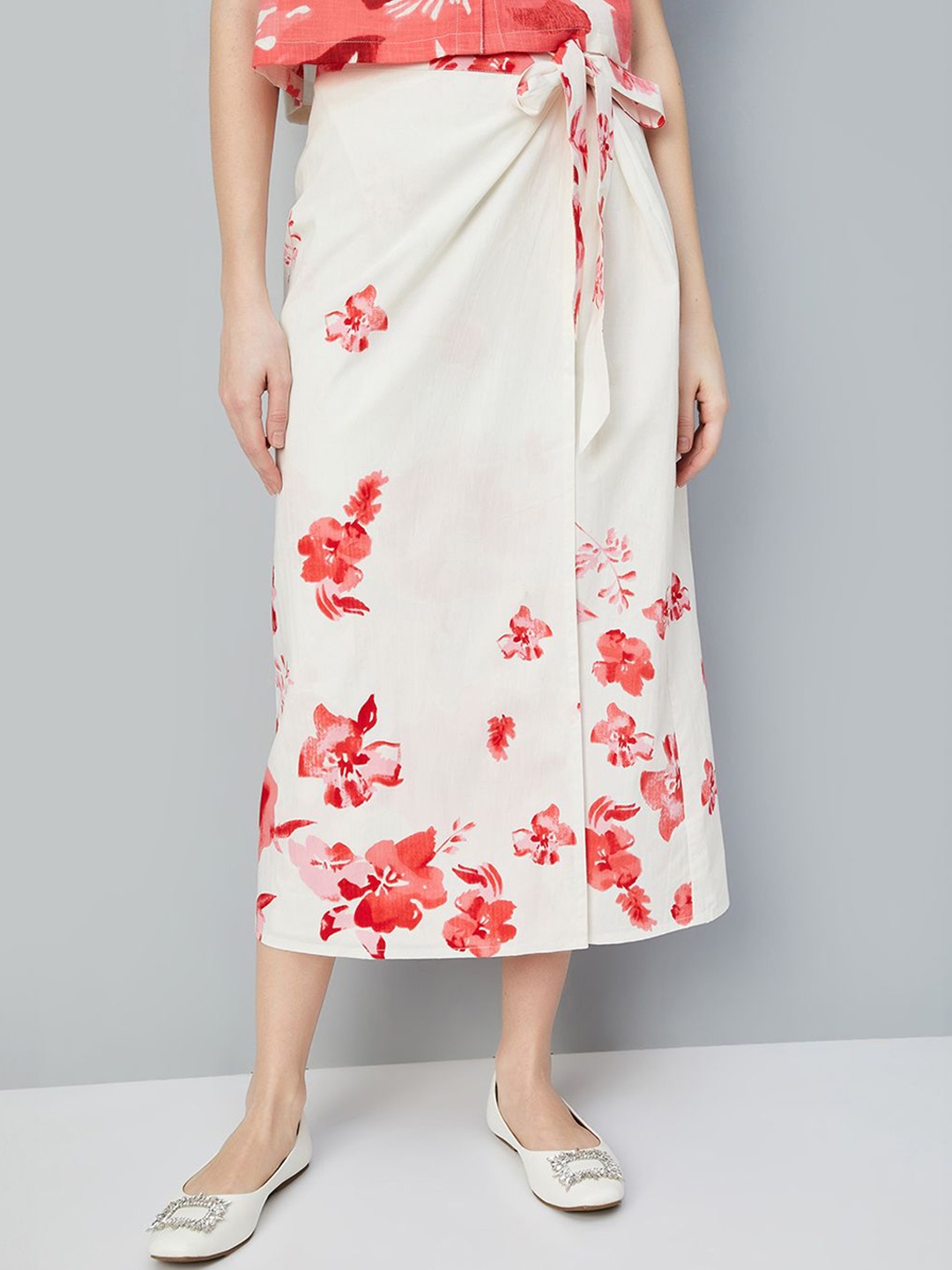 

max Women Floral Printed Wrap Midi Skirt, Off white