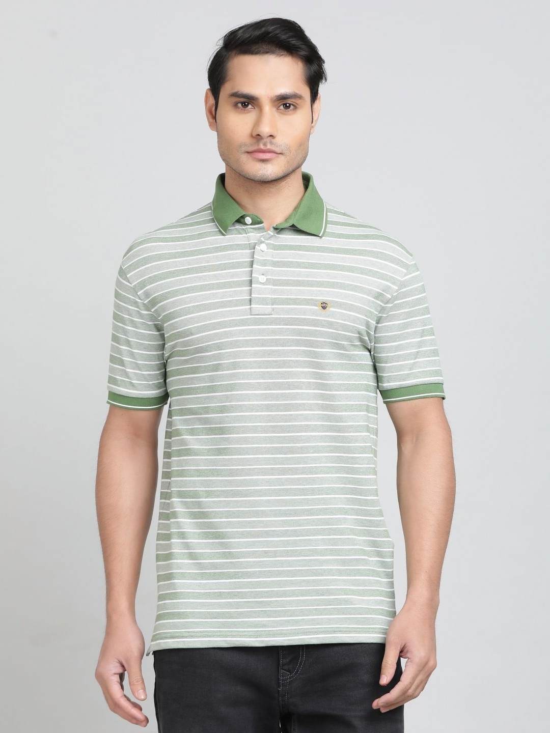 

JADE BLUE Men Striped Polo Collar Cotton T-shirt, Green