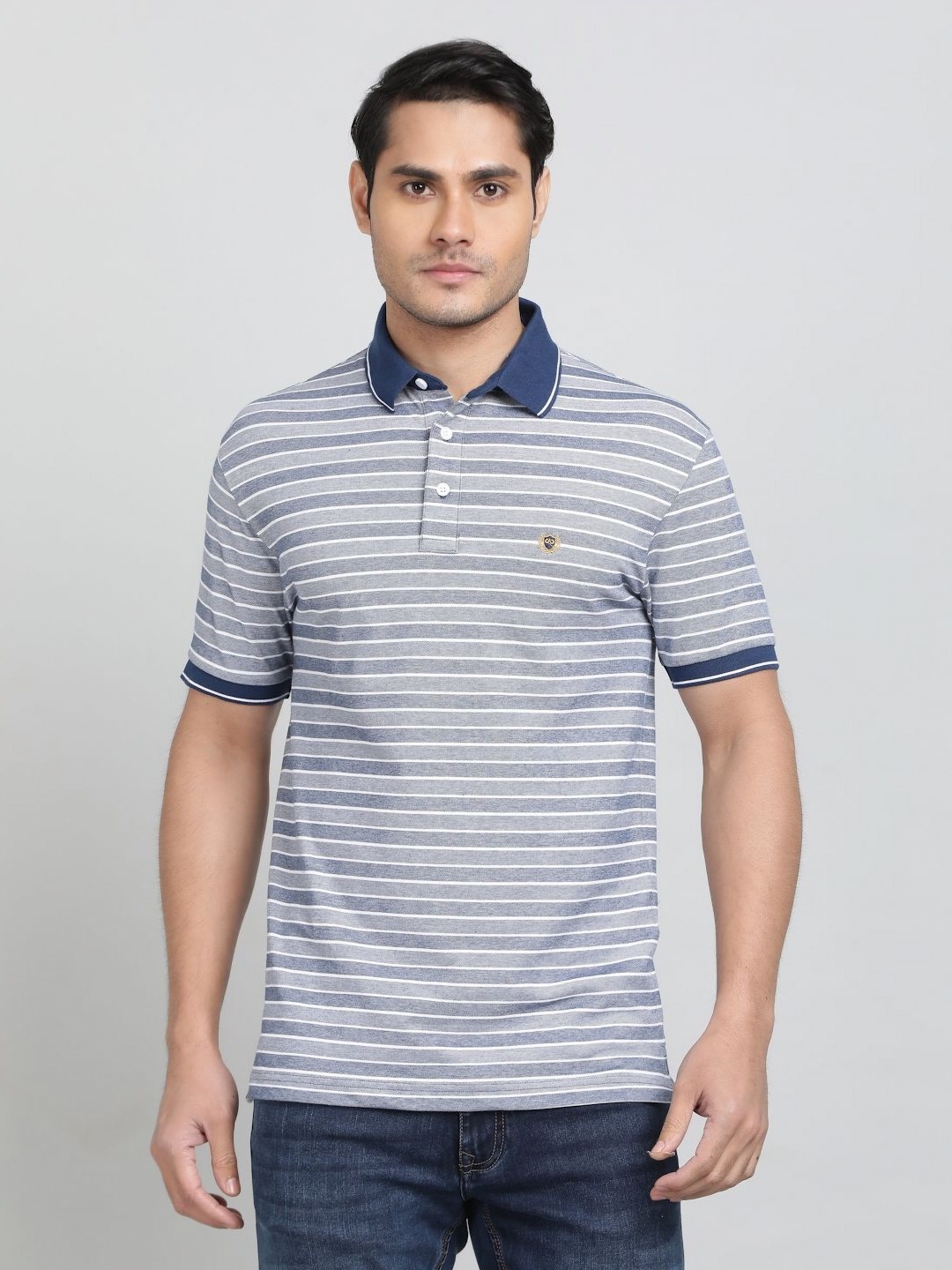 

JADE BLUE Men Striped Polo Collar Cotton T-shirt, Navy blue