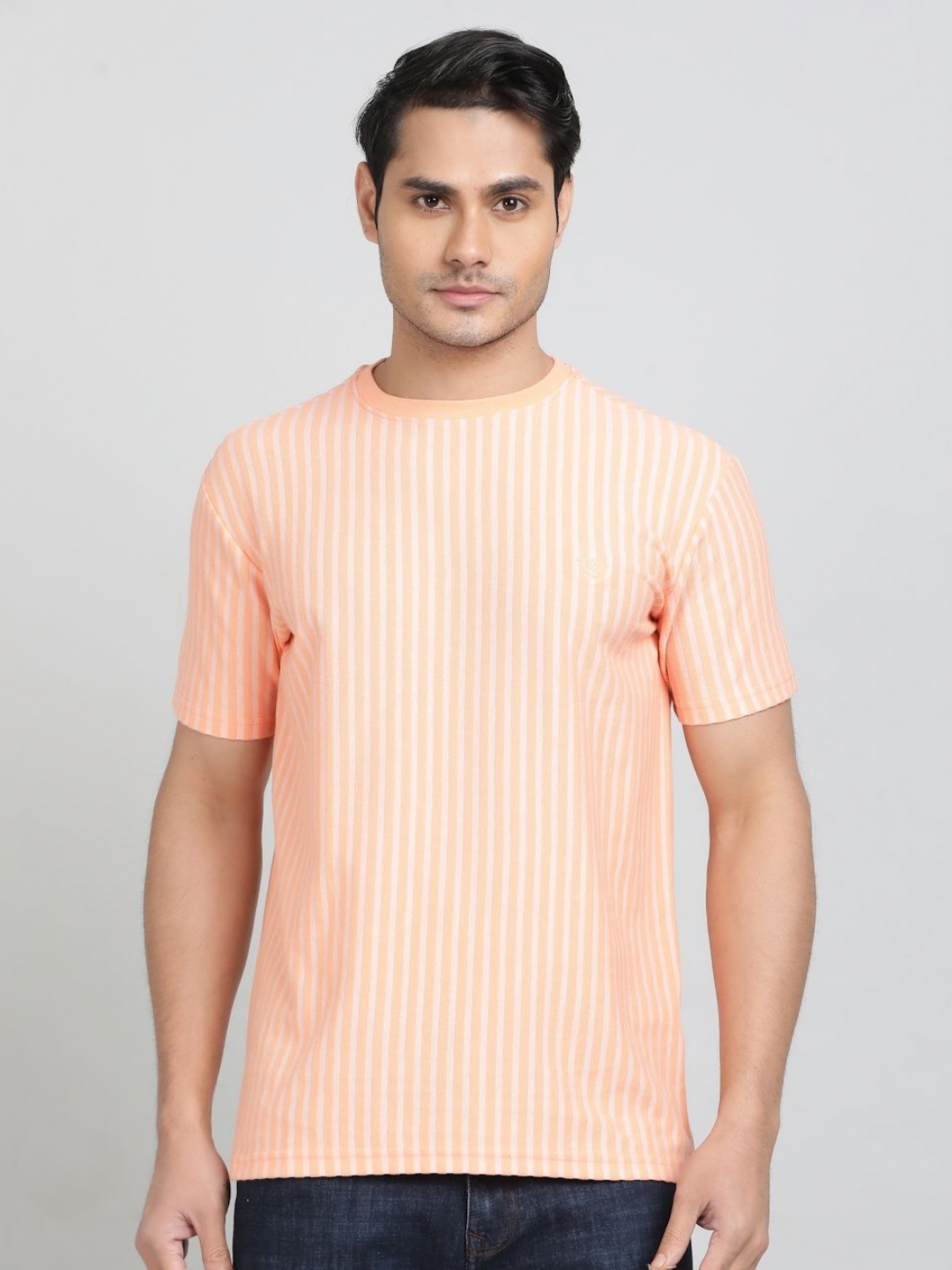 

Greenfibre Men Striped Round Neck Cotton Slim Fit T-shirt, Orange