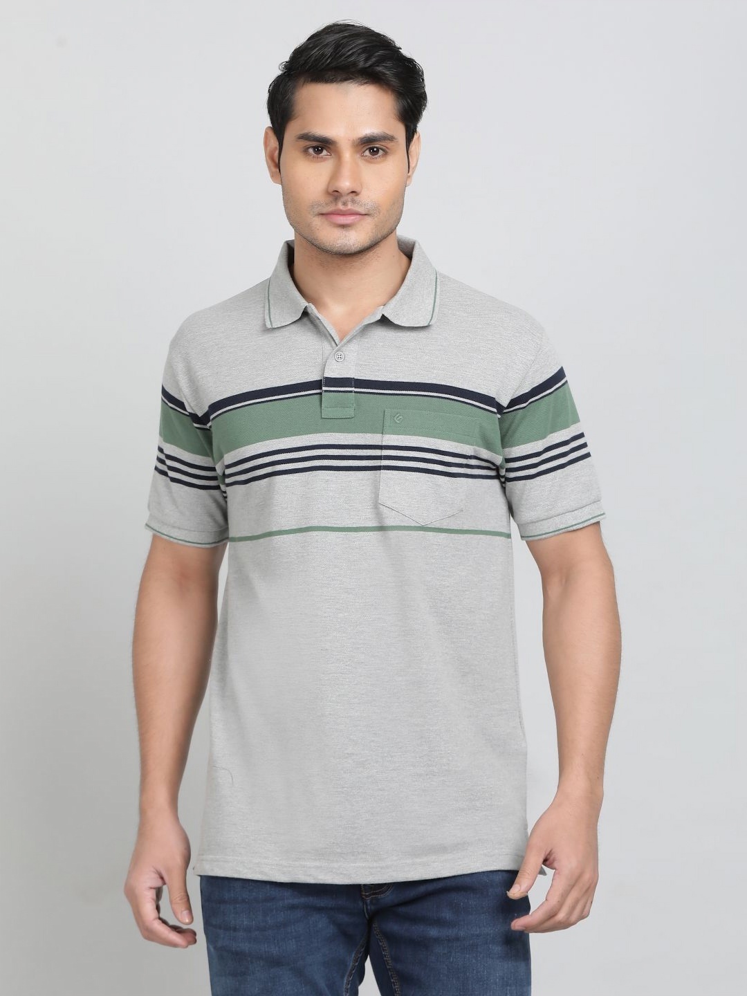 

Greenfibre Men Striped Polo Collar Cotton T-shirt, Grey