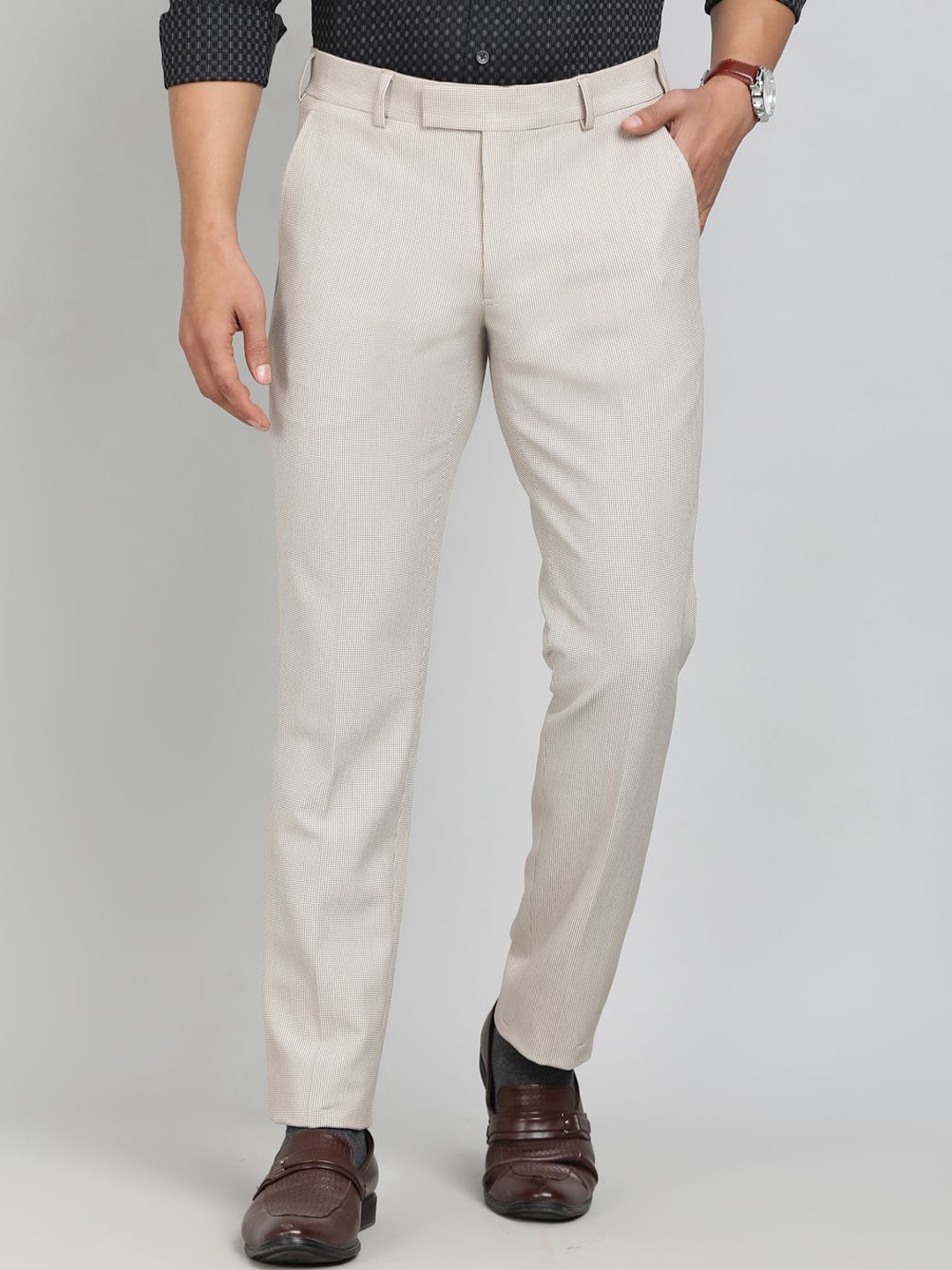 

METAL Men Slim Fit Mid-Rise Formal Trousers, Beige