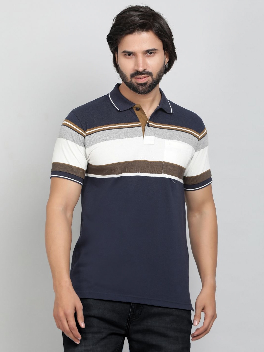 

Greenfibre Men Striped Polo Collar Cotton Slim Fit T-shirt, Navy blue
