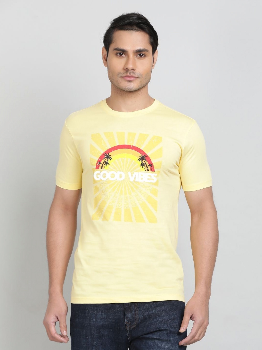 

Greenfibre Men Graphic Printed Round Neck Cotton Slim Fit T-shirt, Yellow