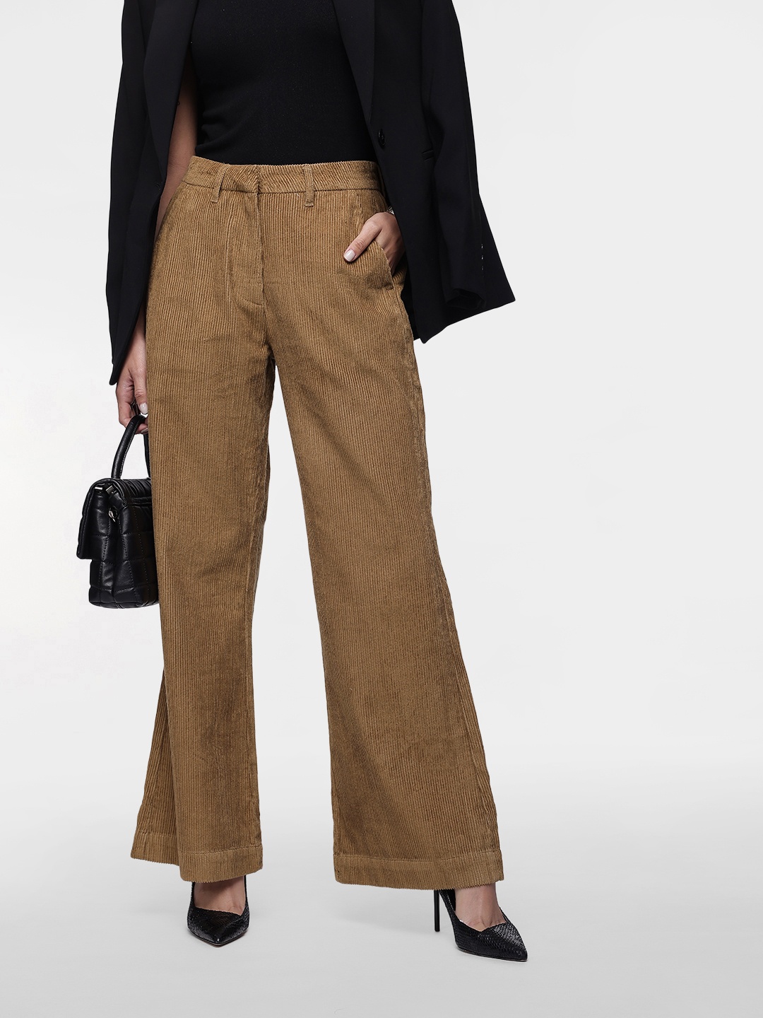 

French Connection Women Textured Wide Leg Pure Cotton Corduroy Trousers, Camel brown