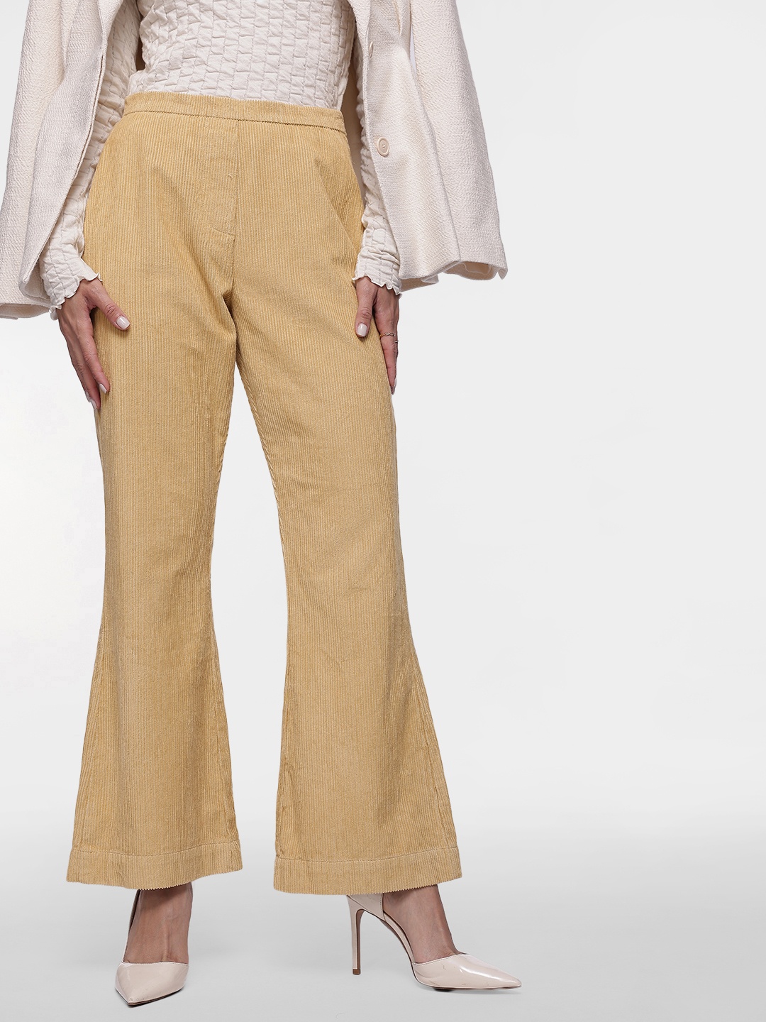 

French Connection Women Corduroy Pure Cotton Regular Trousers, Beige