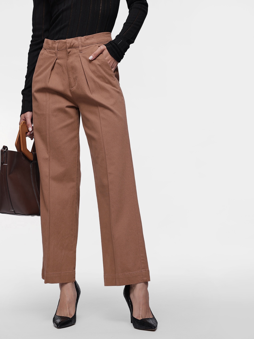 

French Connection Women Loose Fit High-Rise Pleated Trousers, Brown