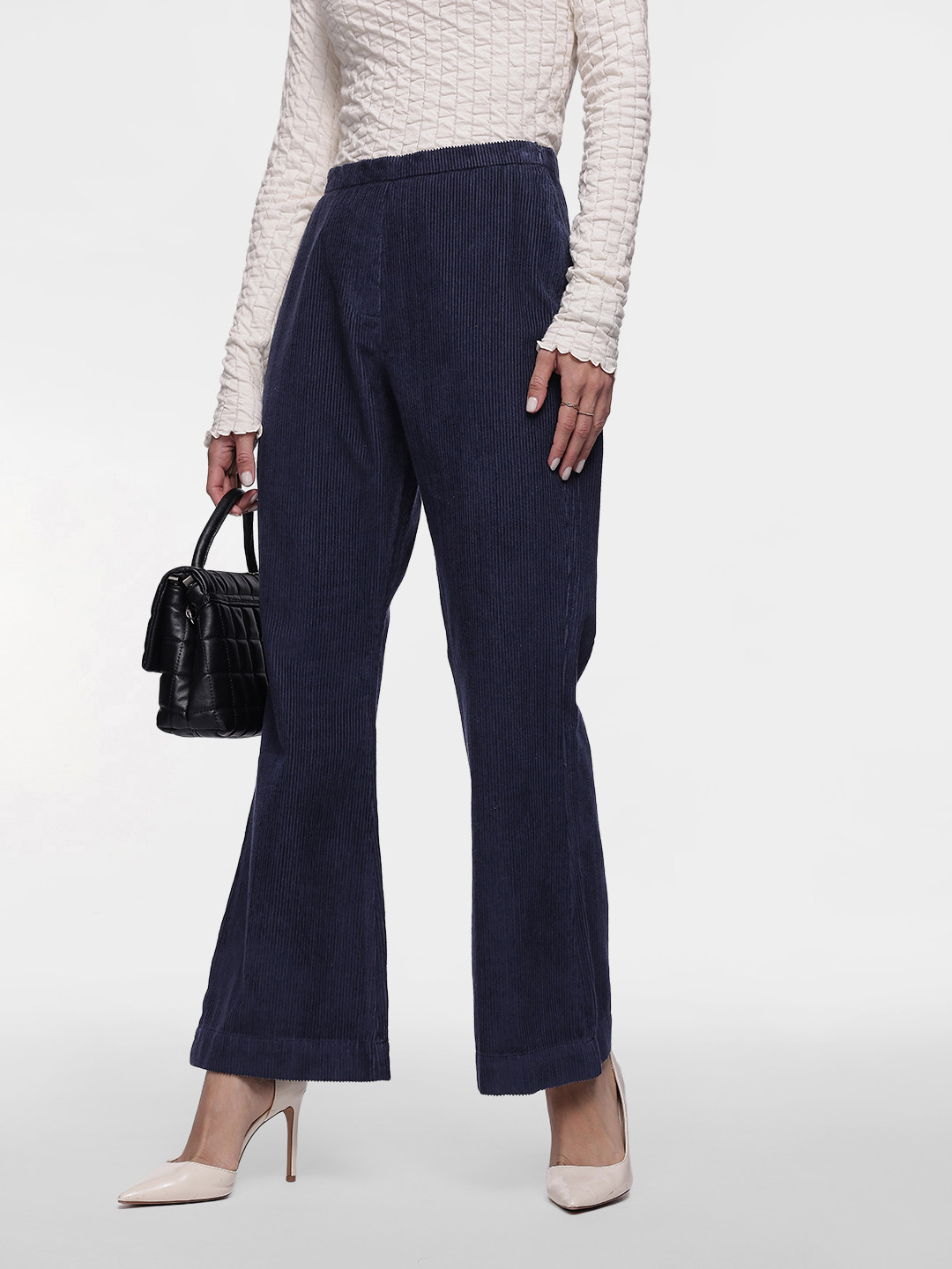 

French Connection Women Corduroy Pure Cotton Regular Trousers, Navy blue