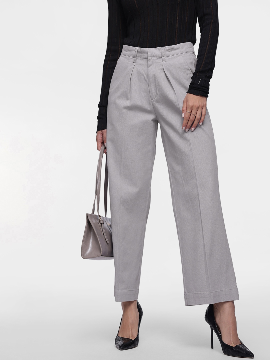 

French Connection Women Loose Fit High-Rise Pleated Trousers, Grey