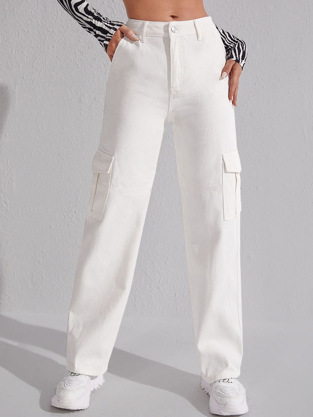 

KATECLO Women Comfort Mid-Rise Easy Wash Cotton Cargos, White