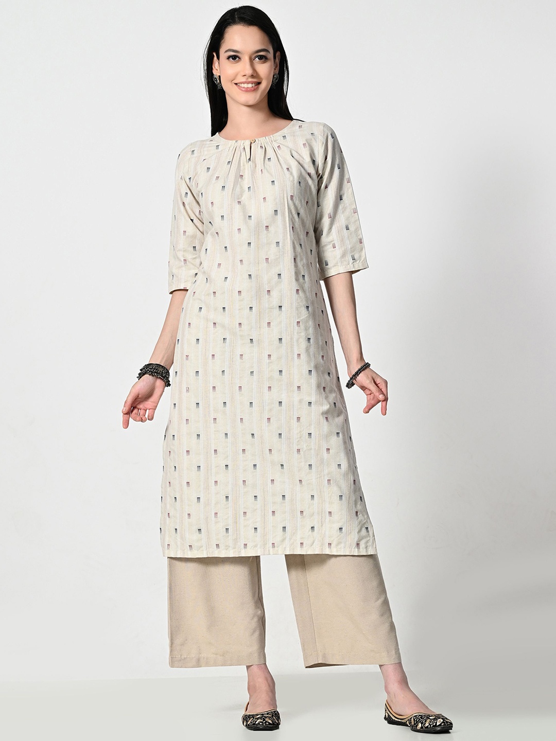 BAESD Geometric Printed Cotton Keyhole Neck Straight Kurta, Beige