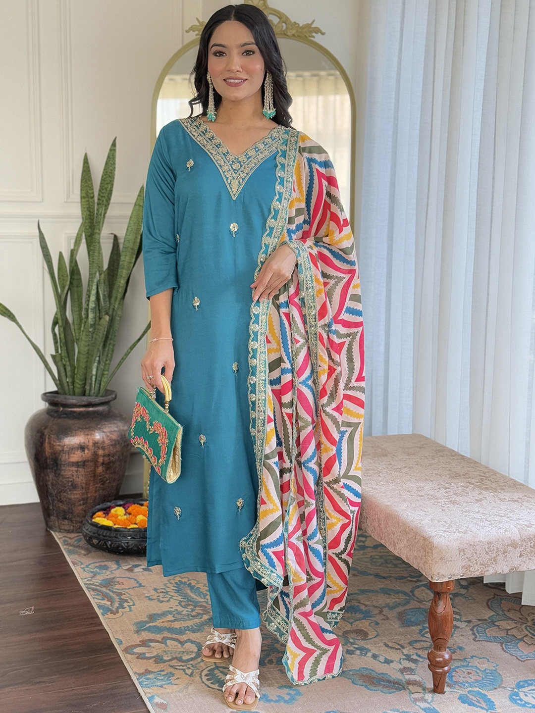 

KALINI Florla Embroidered Sequinned V Neck Straight Kurta With Trousers And Dupatta, Teal