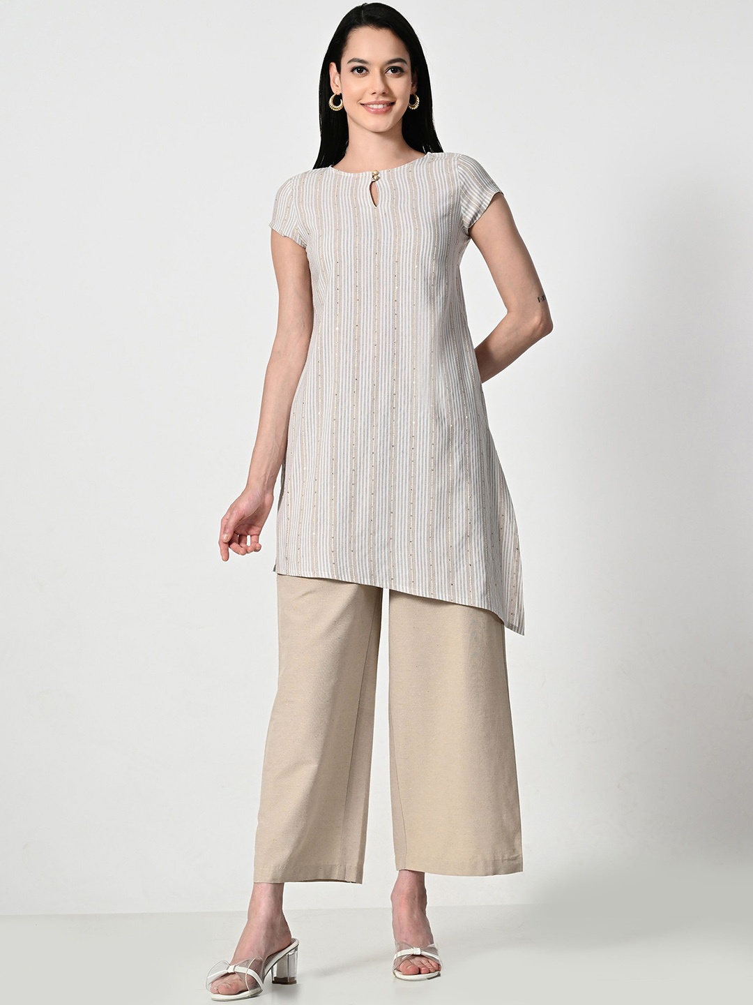 

BAESD Striped Cotton Sequins Straight Kurta, Beige