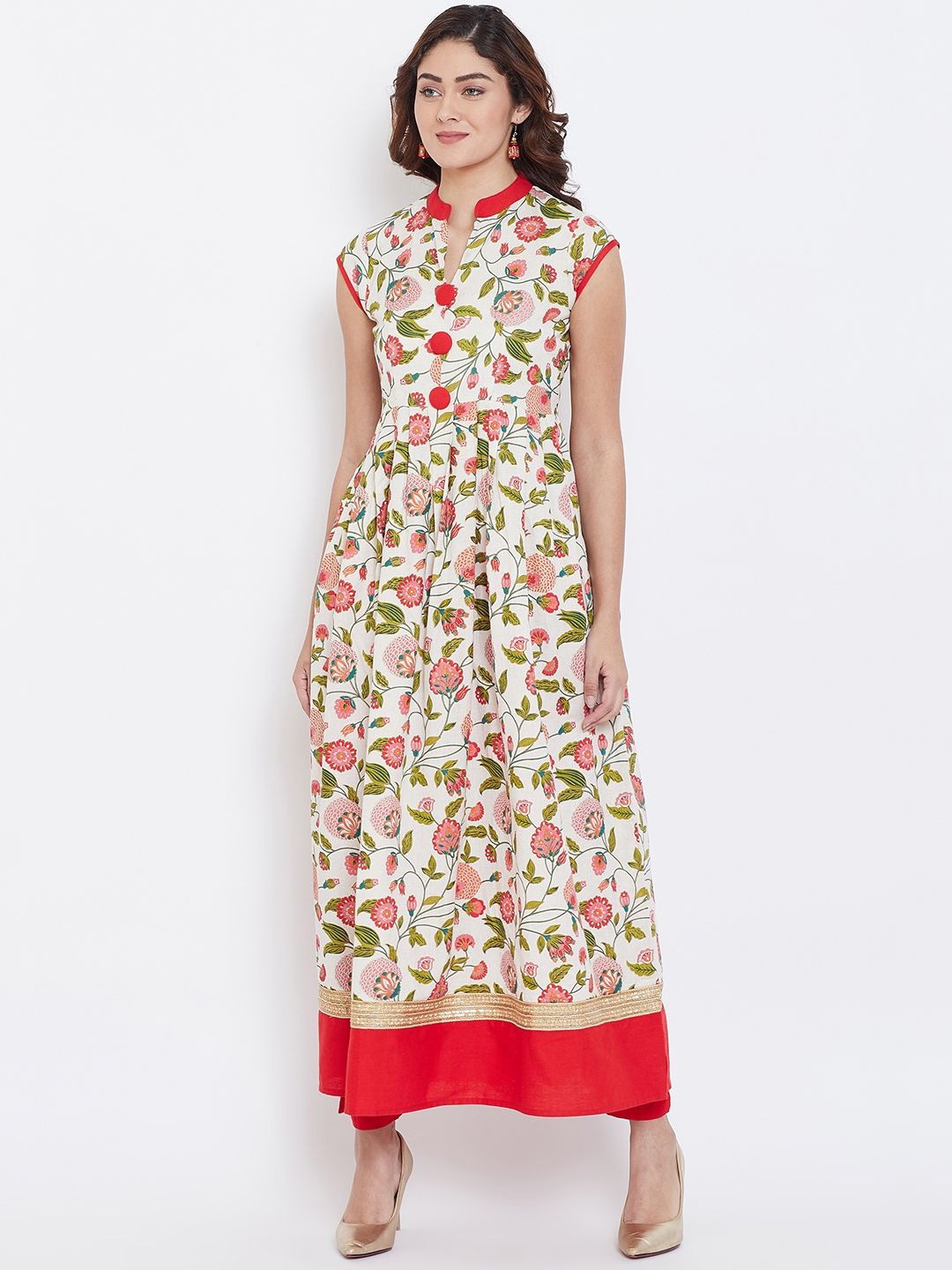 

Dillen Floral Printed Mandarin Collar Cap Sleeves Anarkali Kurta, White
