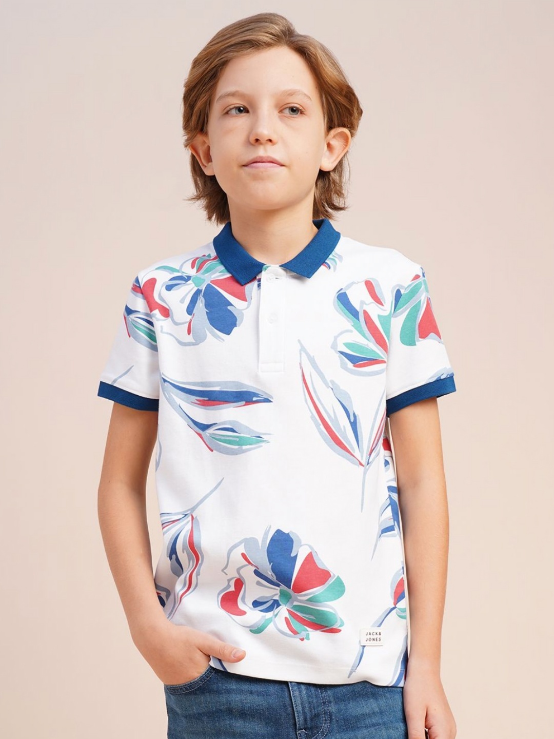 

Jack & Jones Junior Boys Floral Printed Polo Collar Cotton T-shirt, White