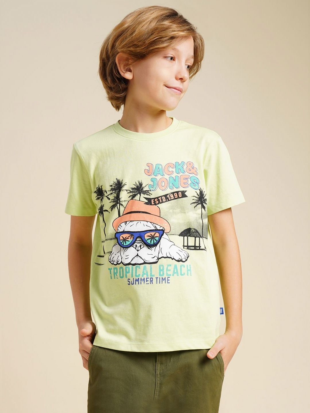 

Jack & Jones Junior Boys Graphic Printed Round Neck Cotton T-shirt, Lime green