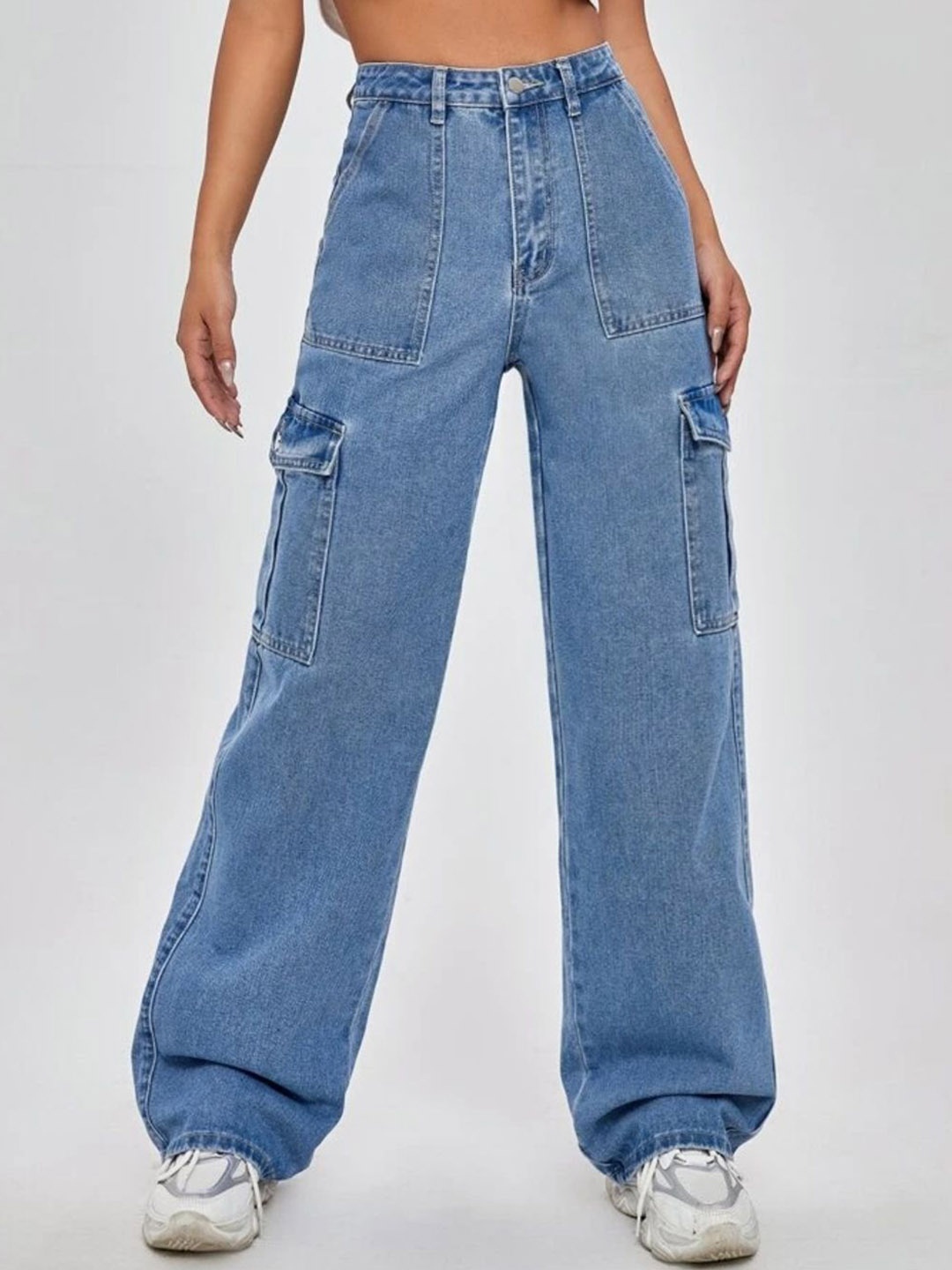 

SMVDENTERPRISES Women Jean Straight Fit High-Rise Stretchable Cargo Jeans, Blue
