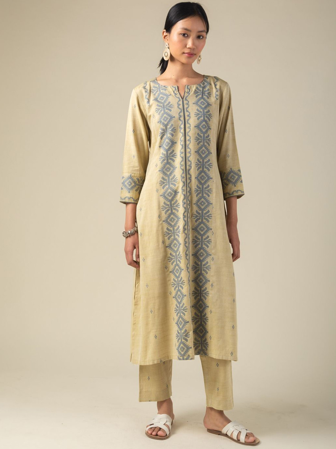 

KUSVAA Sharvani Woven Design Pure Cotton Tunic With Trouser, Beige